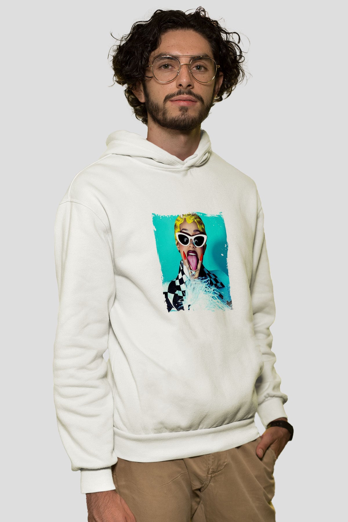 Cardi B Baskılı Unisex Beyaz Kapüşonlu Sweatshirt