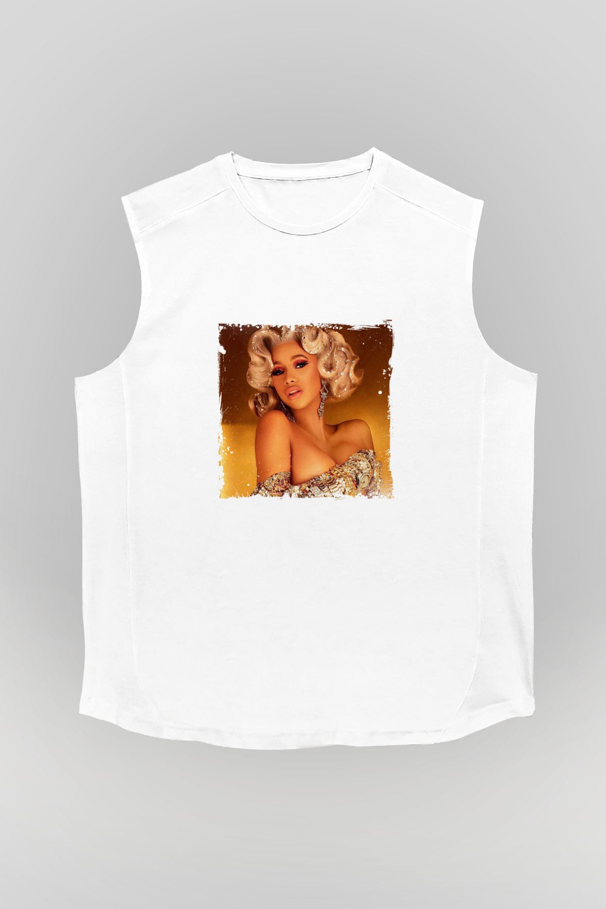 Cardi B Baskılı Unisex Beyaz Kolsuz Tişört