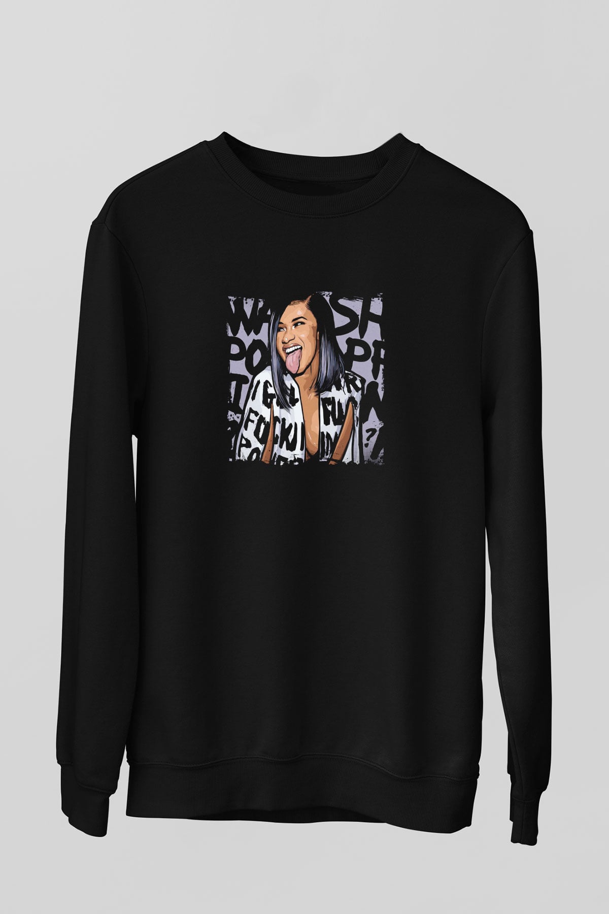 Cardi B Baskılı Unisex Siyah Sweatshirt