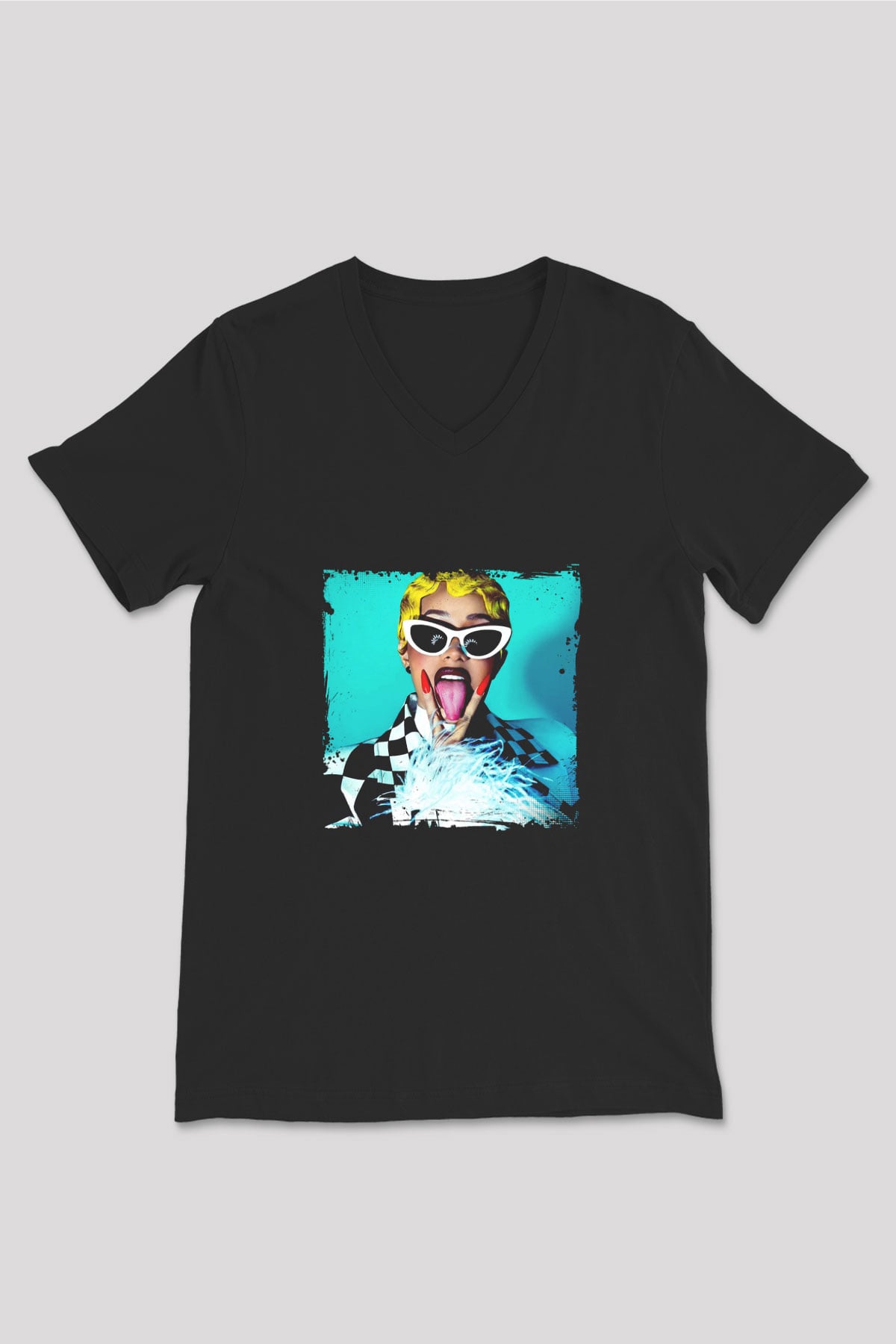 Cardi B Baskılı Unisex Siyah V Yaka Tişört
