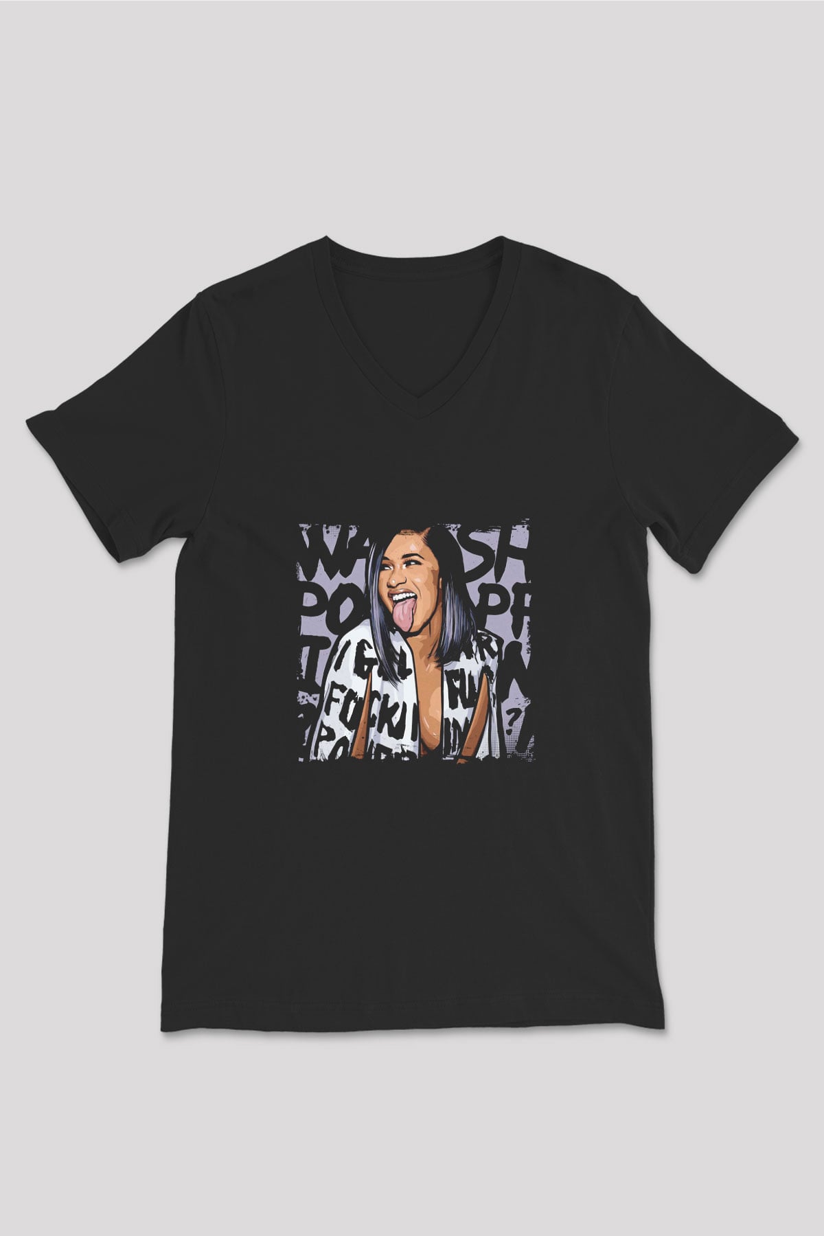 Cardi B Baskılı Unisex Siyah V Yaka Tişört