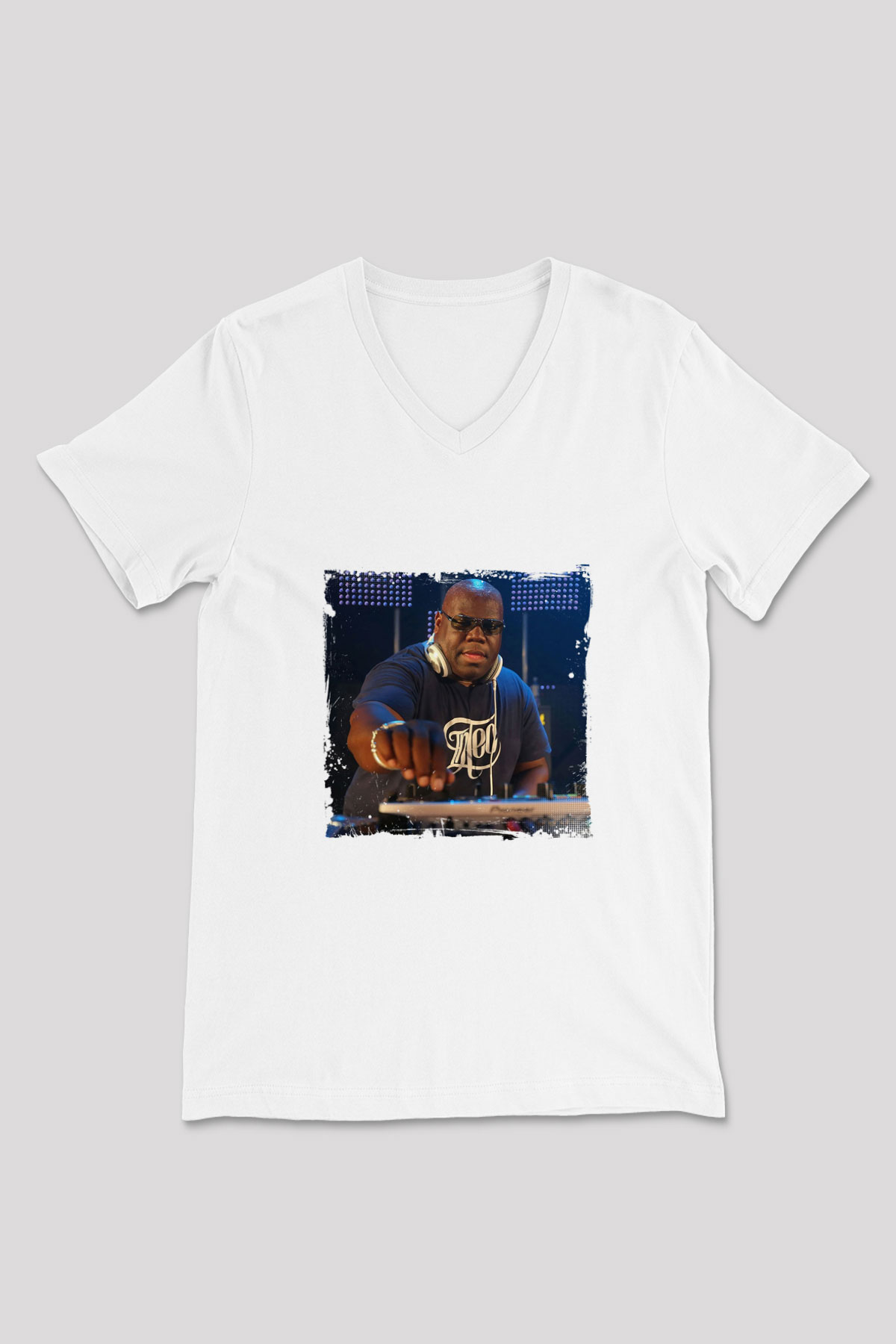 Carl Cox Baskılı Beyaz V Yaka Unisex Tişört
