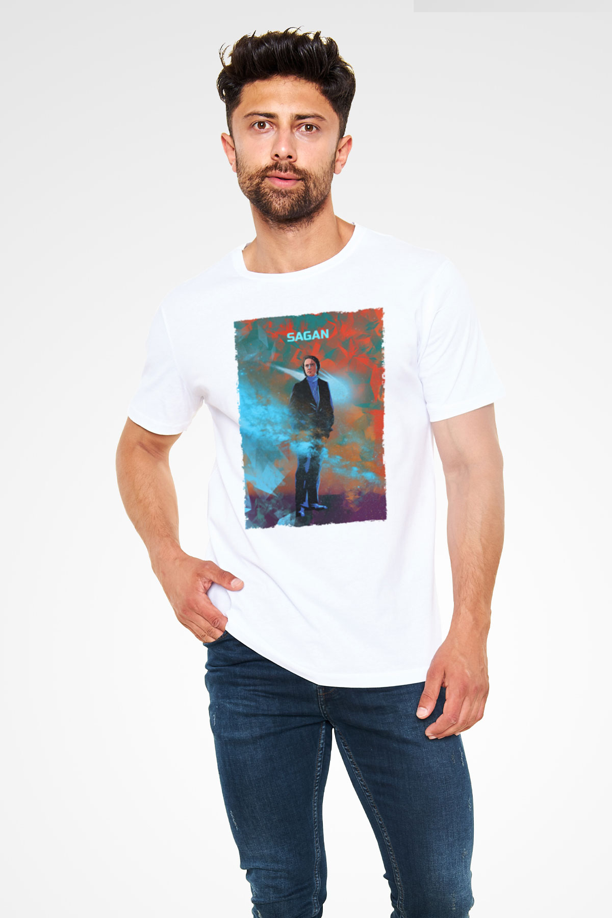 Carl Sagan Baskılı Unisex Beyaz Tişört - Tshirt