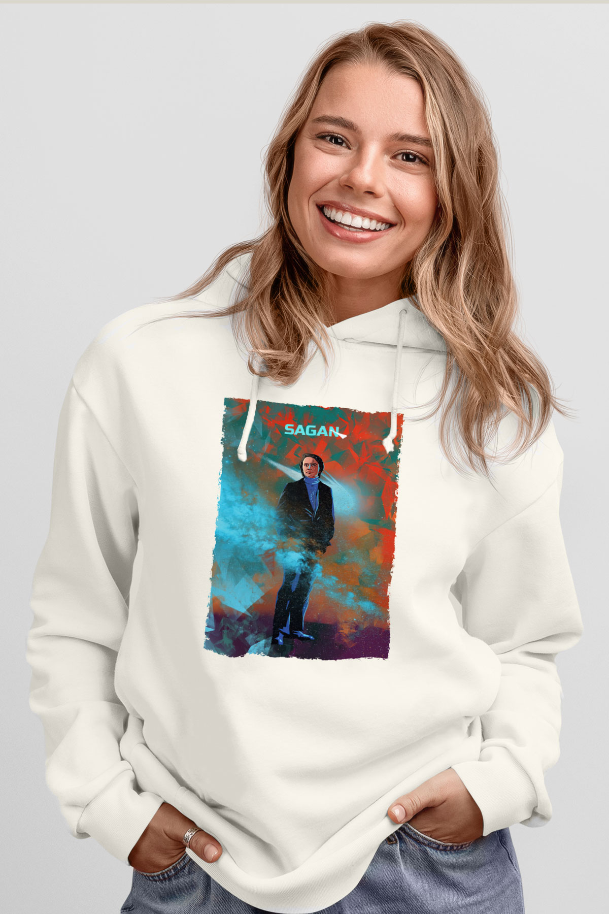 Carl Sagan Baskılı Unisex Ekru Hoodie