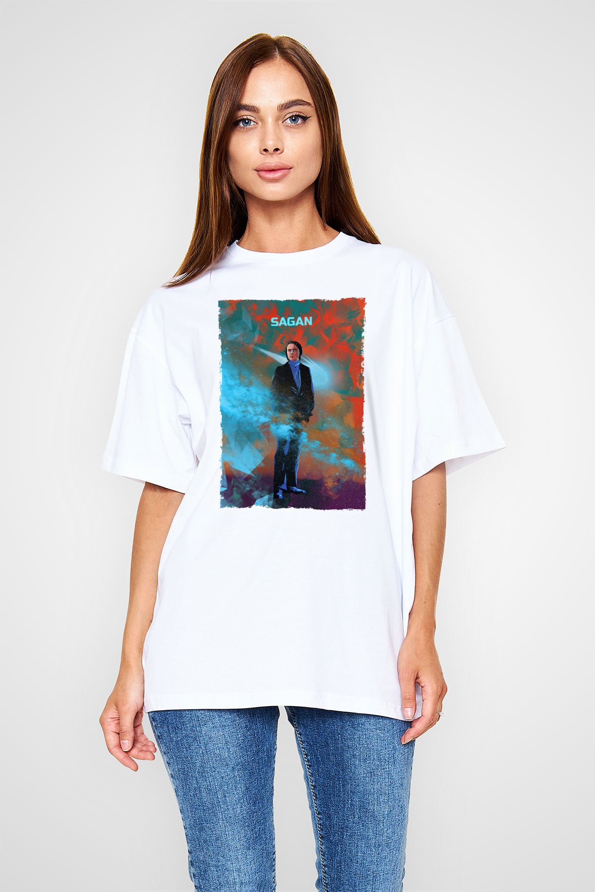 Carl Sagan Baskılı Unisex Oversize Beyaz Tişört - Tshirt