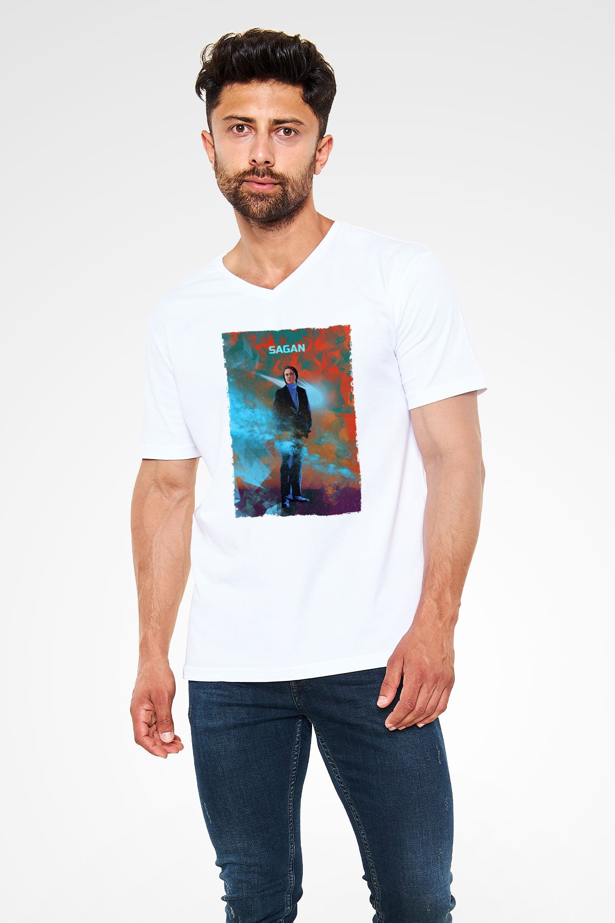 Carl Sagan Baskılı Unisex V Yaka Beyaz Tişört - Tshirt