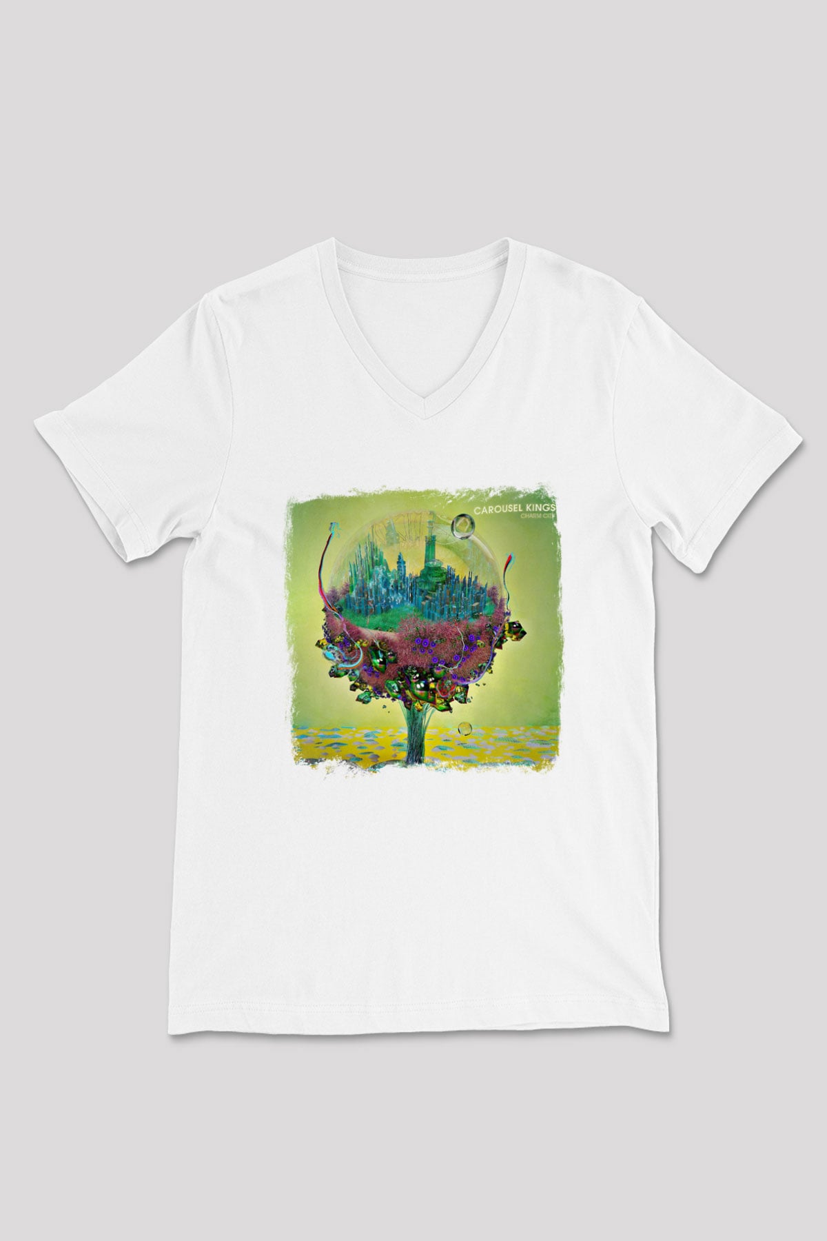 Carousel Kings Baskılı Unisex Beyaz V Yaka Tişört