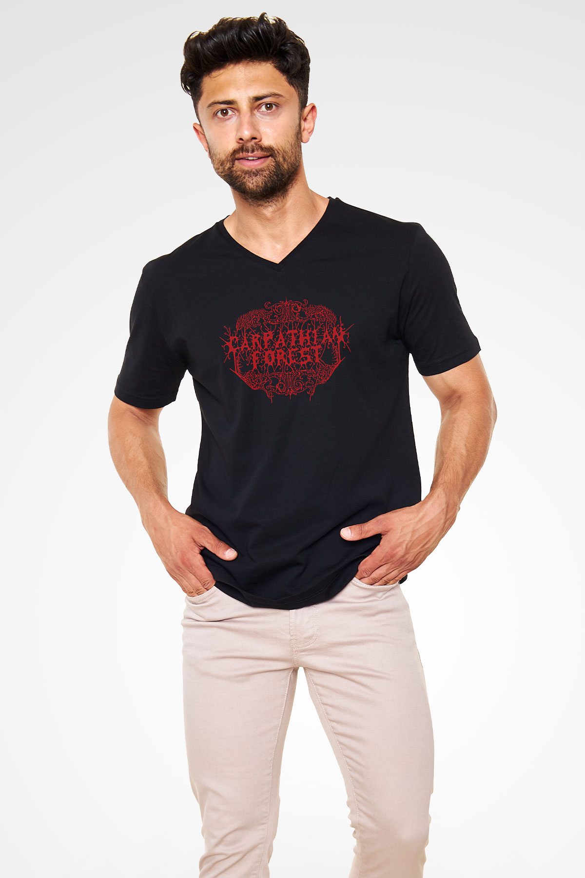 Carpathian Forest Baskılı Unisex Siyah V Yaka Tişört - Tshirt