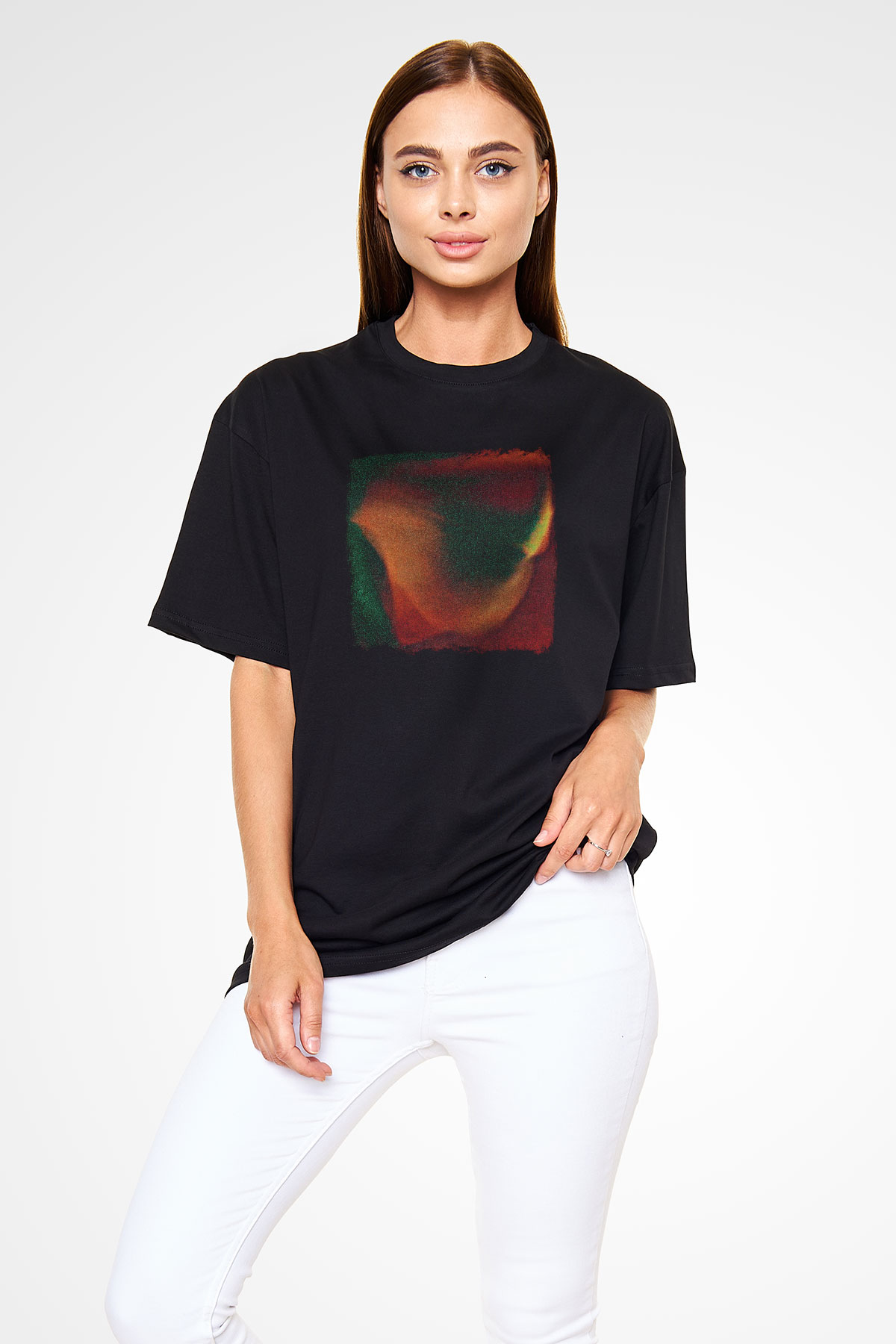 Casey Baskılı Unisex Siyah Oversize Tişört