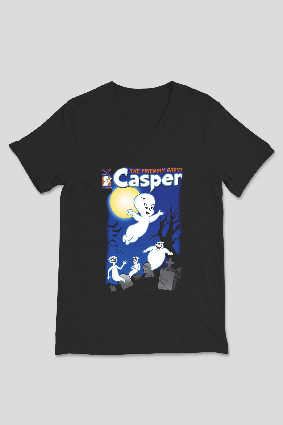 Casper the Friendly Ghost Siyah Unisex V Yaka Tişört