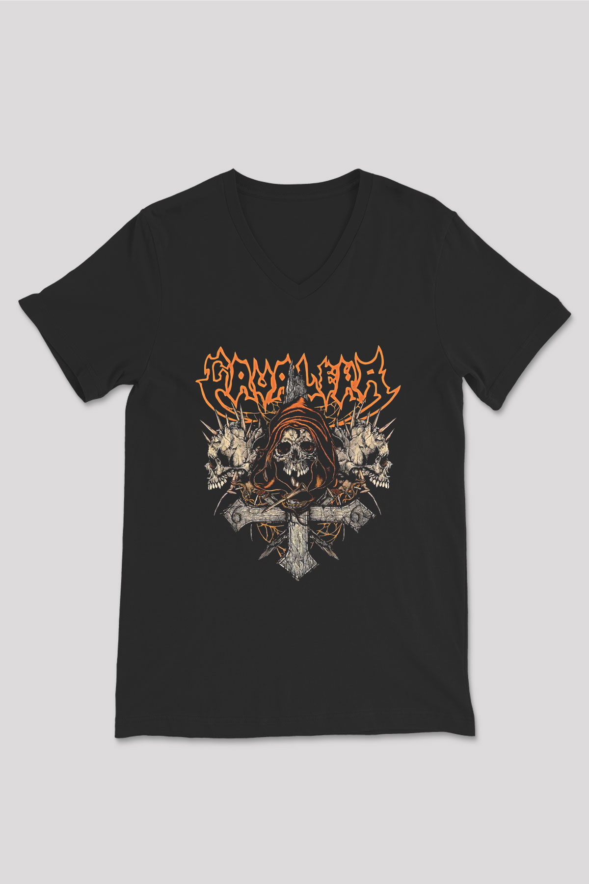 Cavalera Baskılı Unisex Siyah V Yaka Tişört - Tshirt
