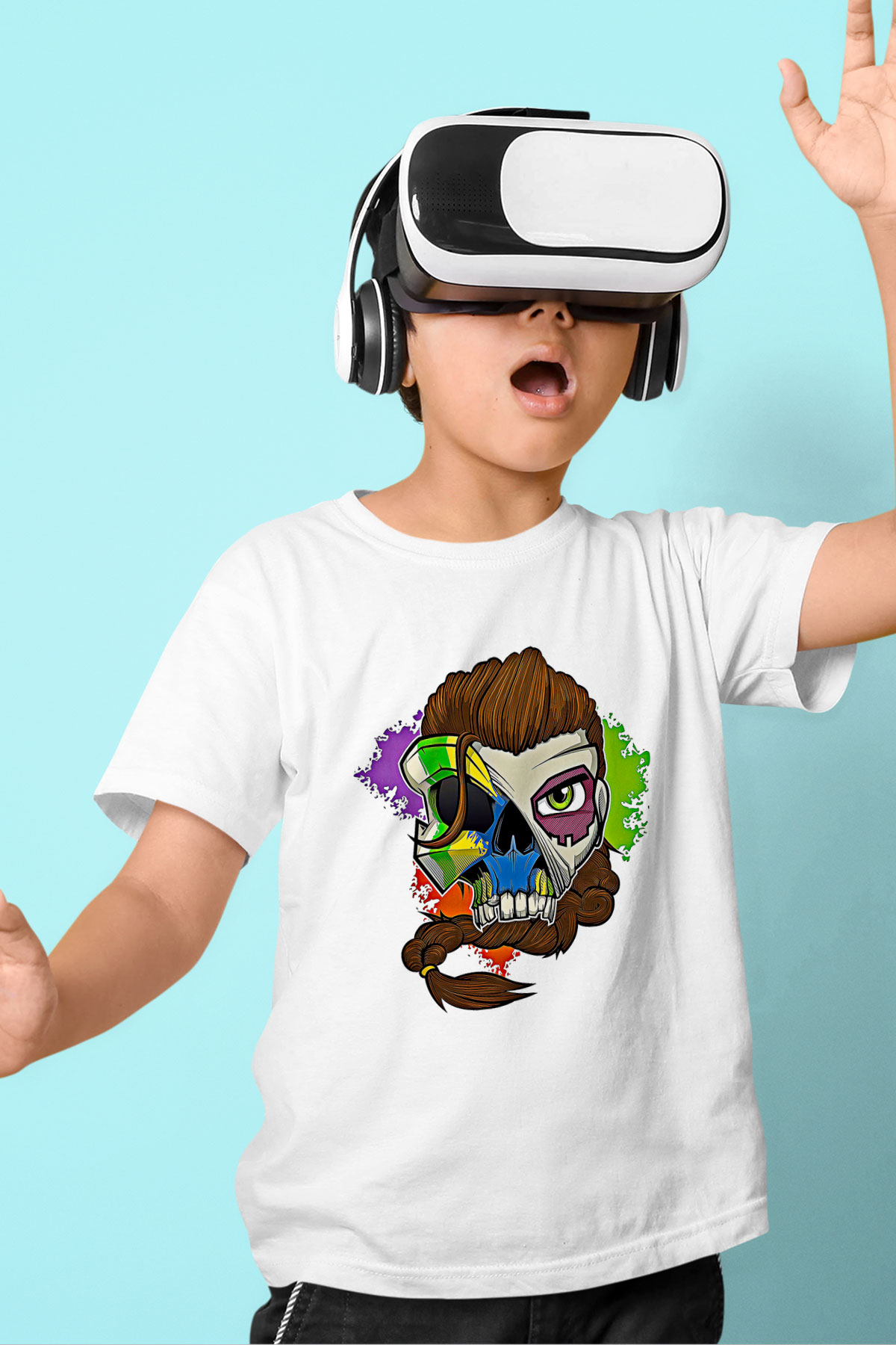 Caveira Baskılı Beyaz Unisex Beyaz Çocuk Tişört - Tshirt