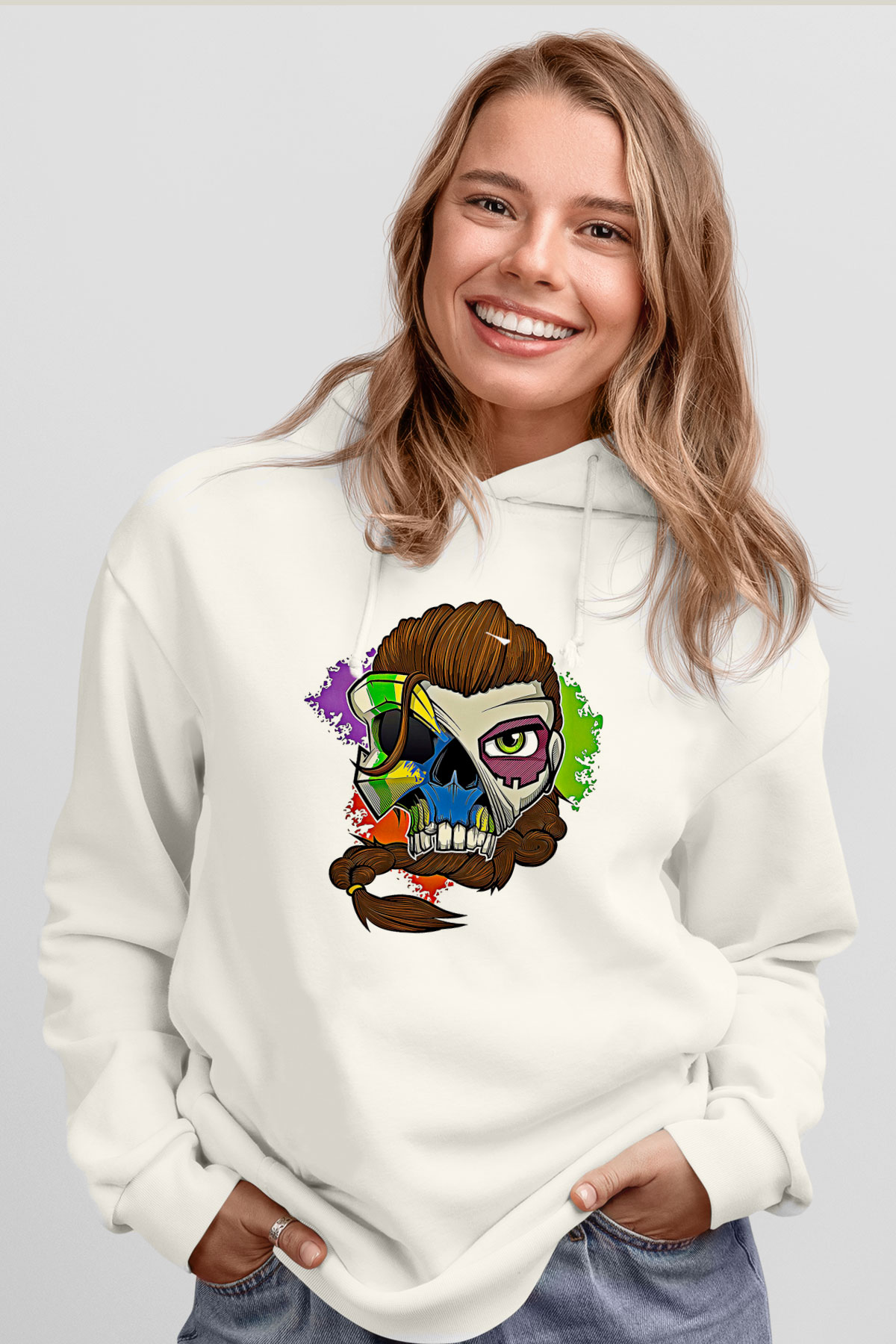 Caveira Baskılı Beyaz Unisex Kapüşonlu Sweatshirt