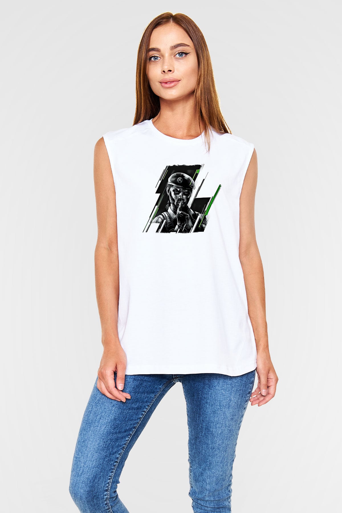 Caveira Baskılı Beyaz Unisex Kolsuz Tişört - Tshirt