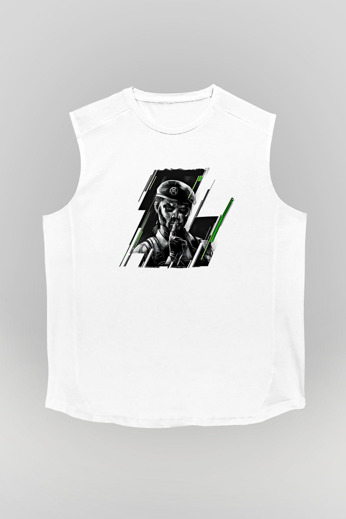 Caveira Baskılı Beyaz Unisex Kolsuz Tişört - Tshirt