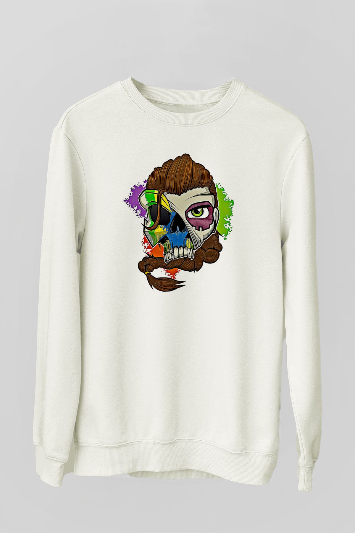 Caveira Baskılı Beyaz Unisex Sweatshirt