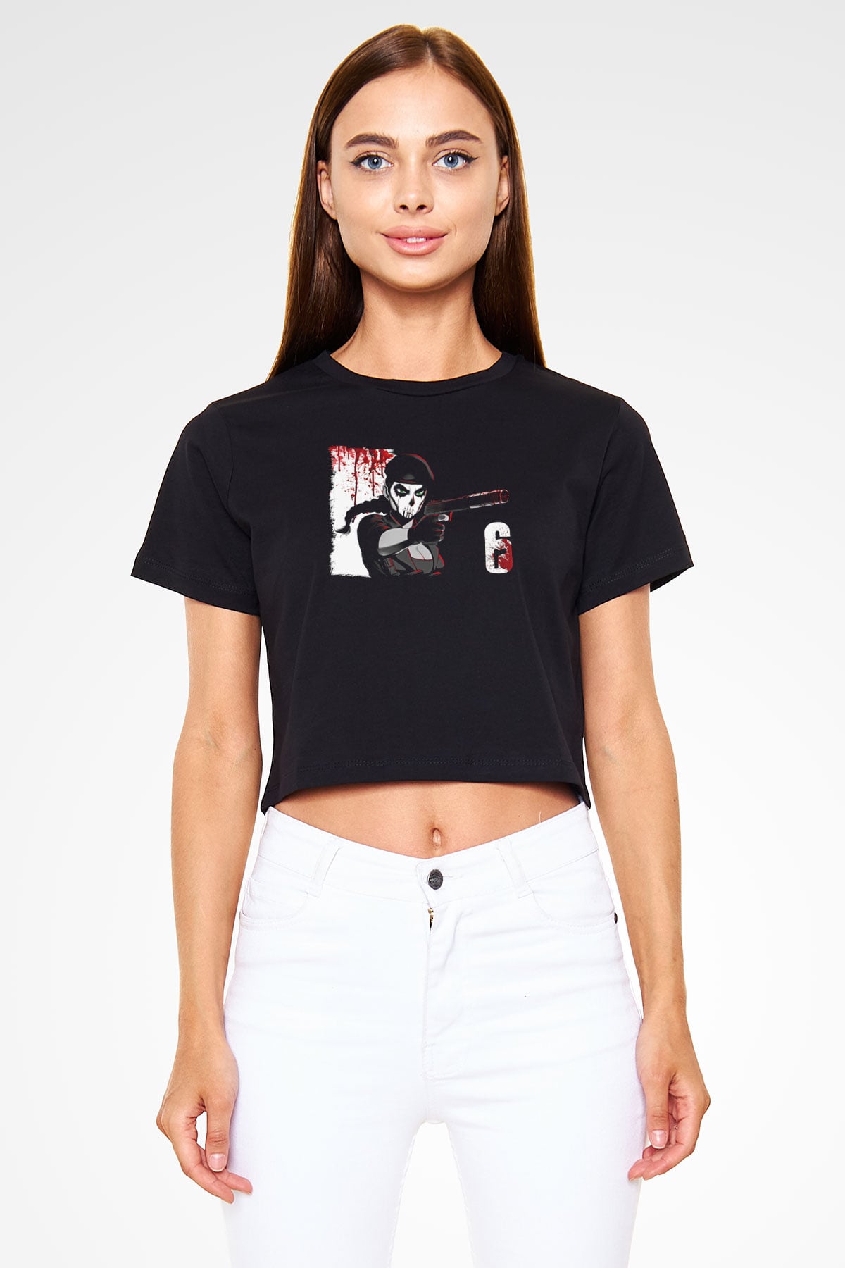 Caveira Baskılı Siyah Crop Top Kadın Tişört - Tshirt