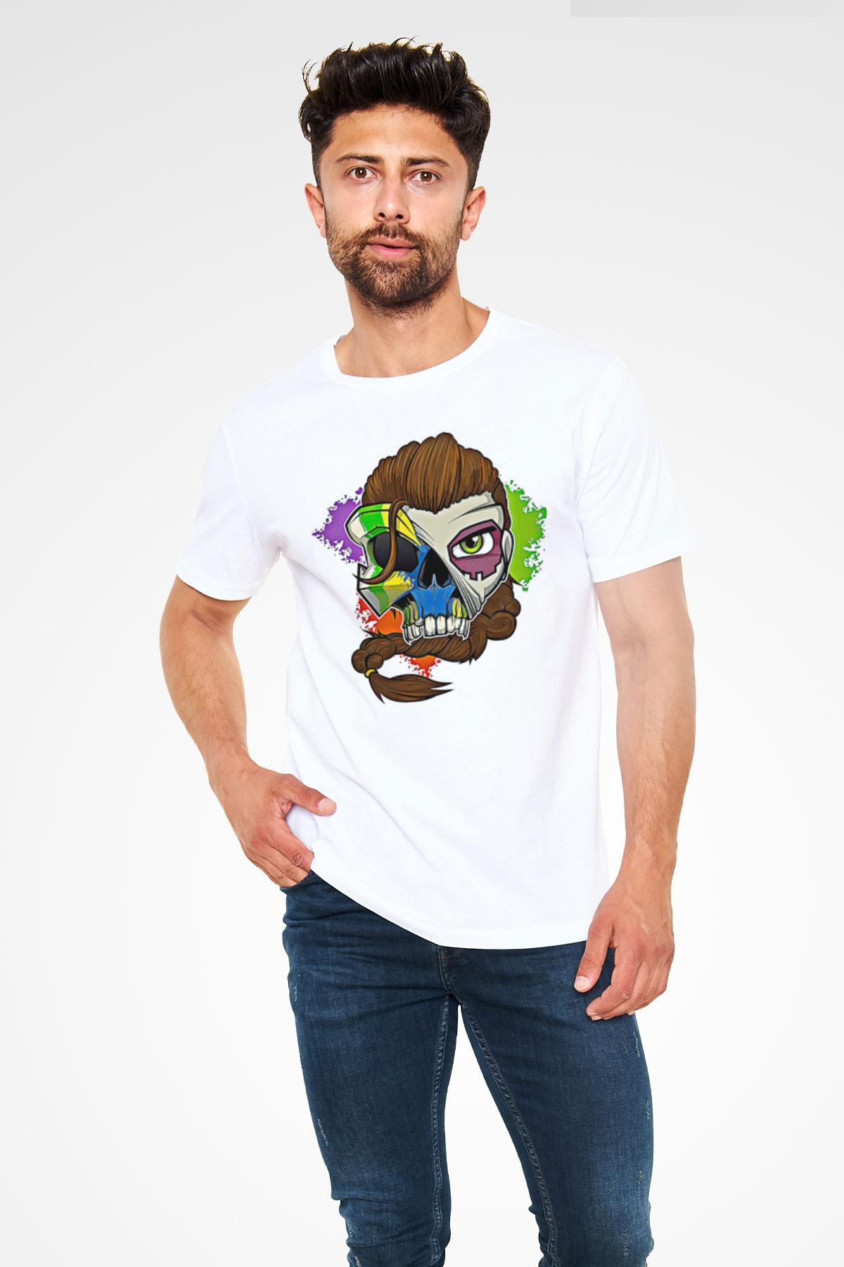 Caveira Baskılı Unisex Beyaz Tişört - Tshirt