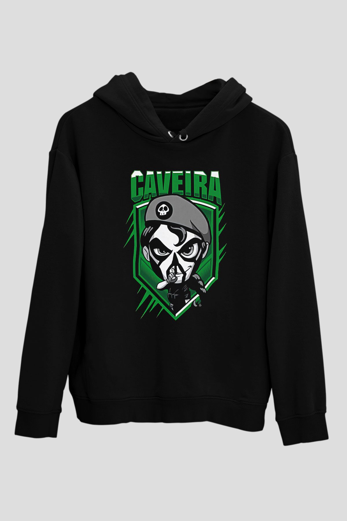 Caveira Baskılı Unisex Siyah Kapüşonlu Sweatshirt