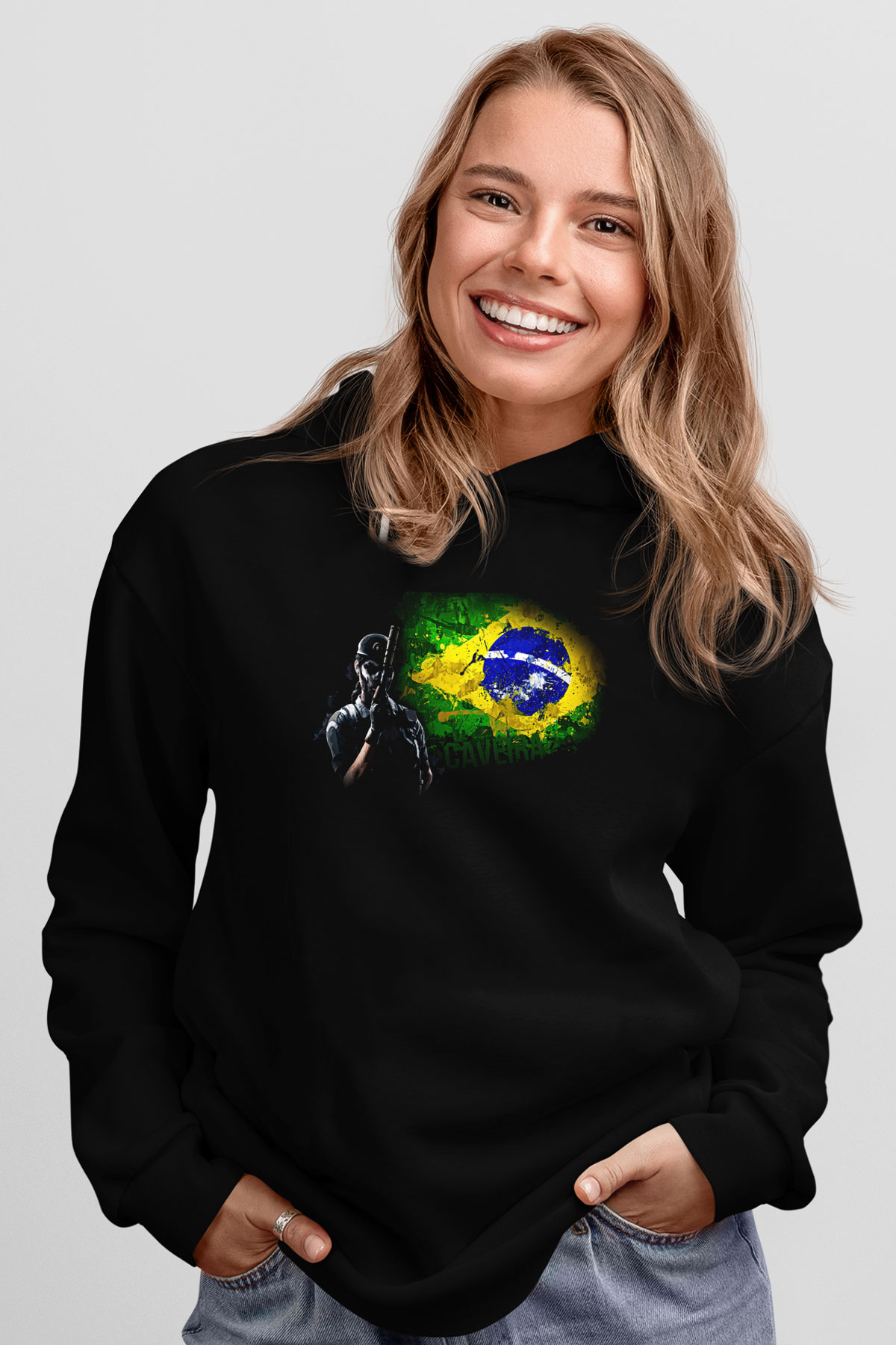 Caveira Baskılı Unisex Siyah Kapüşonlu Sweatshirt