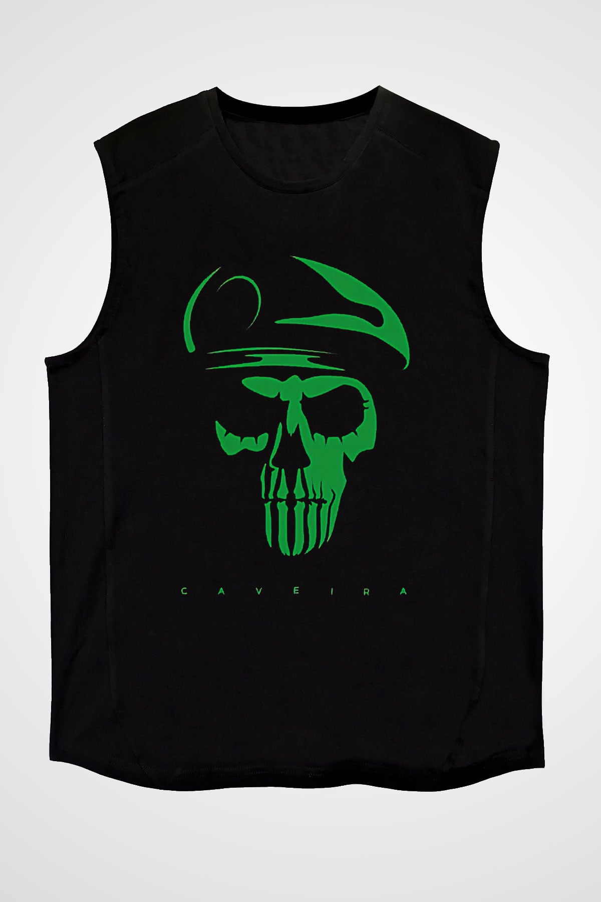 Caveira Baskılı Unisex Siyah Kolsuz Tişört - Tshirt