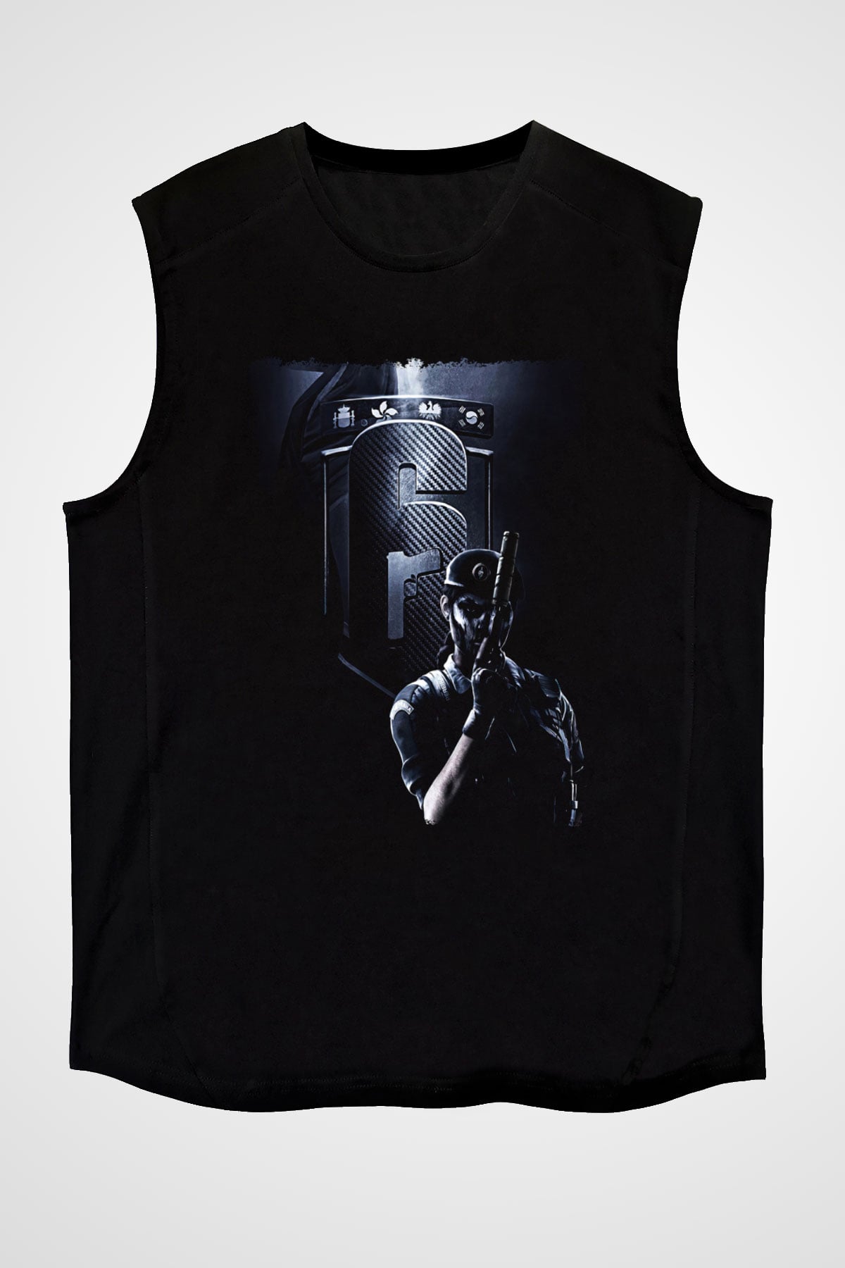 Caveira Baskılı Unisex Siyah Kolsuz Tişört - Tshirt