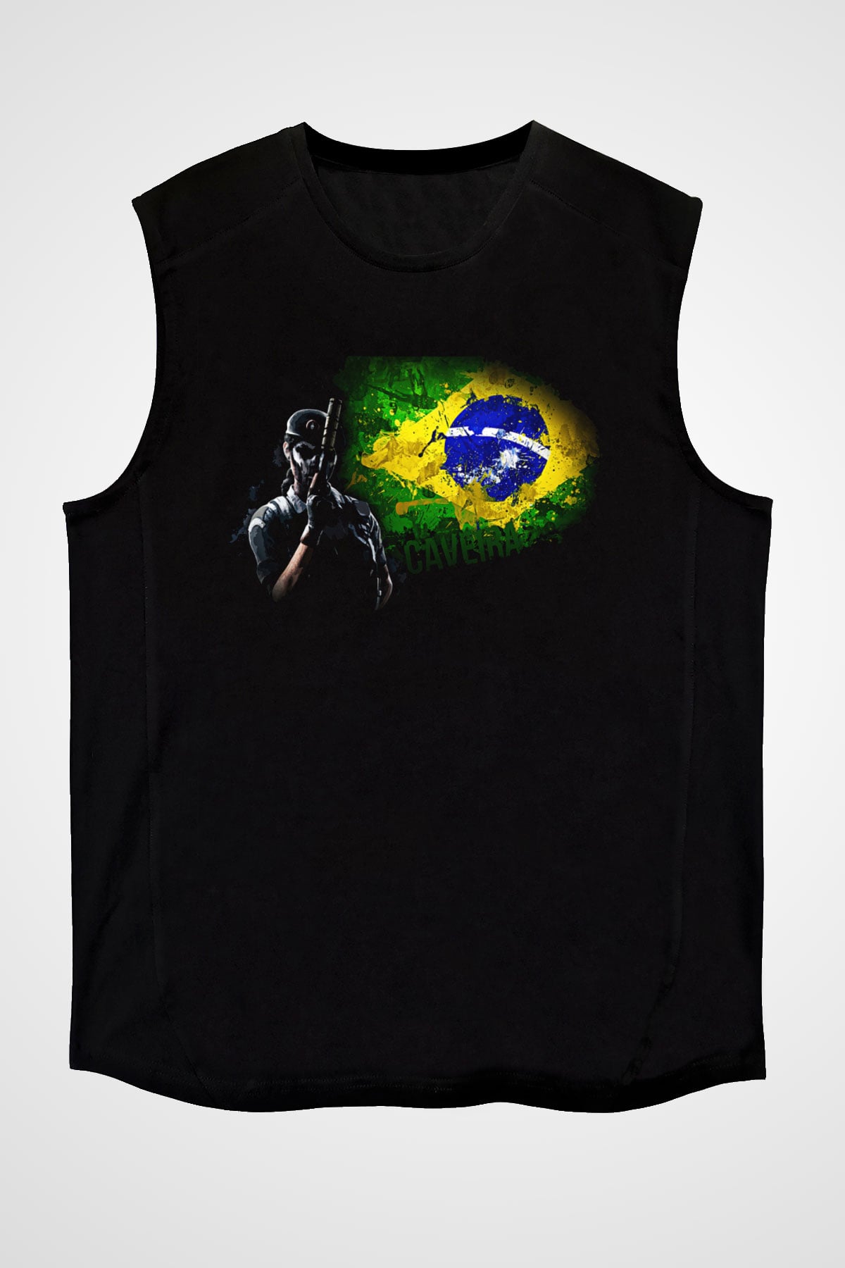 Caveira Baskılı Unisex Siyah Kolsuz Tişört - Tshirt