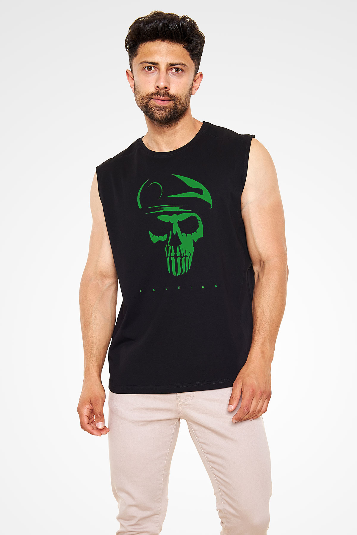 Caveira Baskılı Unisex Siyah Kolsuz Tişört - Tshirt