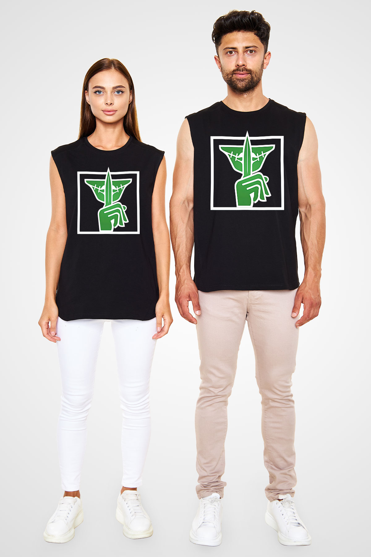 Caveira Baskılı Unisex Siyah Kolsuz Tişört - Tshirt