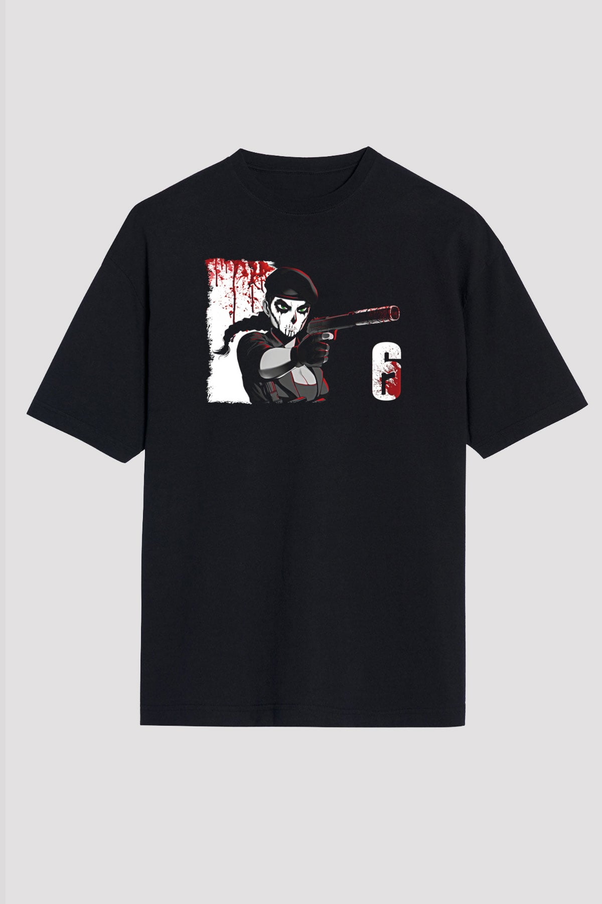 Caveira Baskılı Unisex Siyah Oversize Tişört - Tshirt