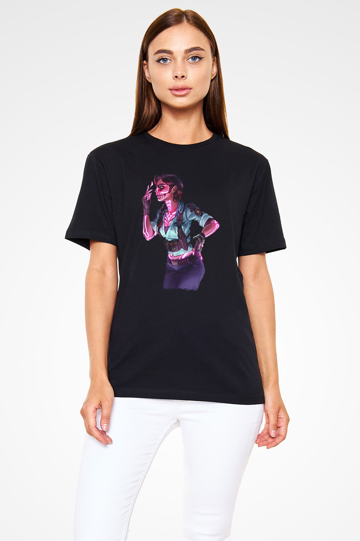 Caveira Baskılı Unisex Siyah Tişört - Tshirt