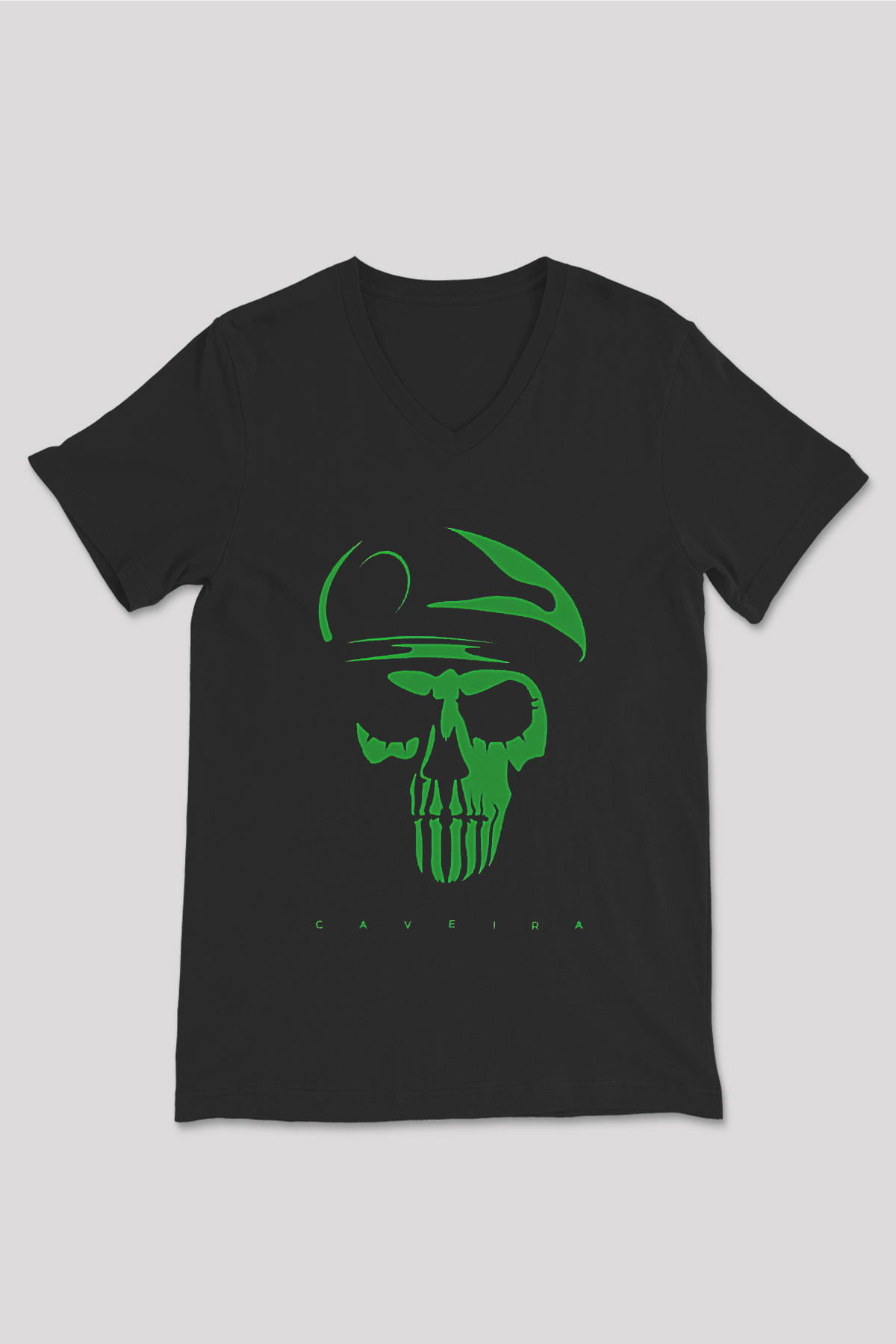 Caveira Baskılı Unisex Siyah V Yaka Tişört - Tshirt