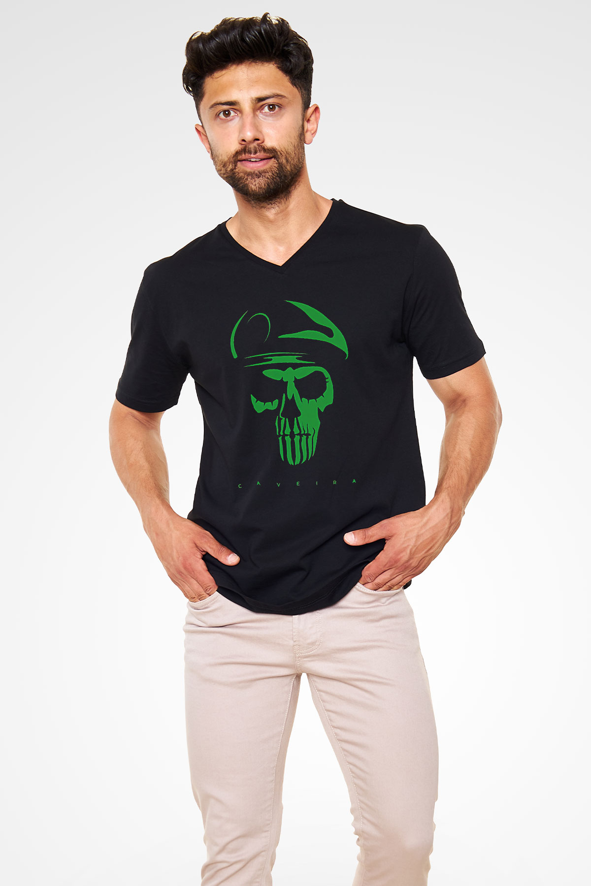 Caveira Baskılı Unisex Siyah V Yaka Tişört - Tshirt