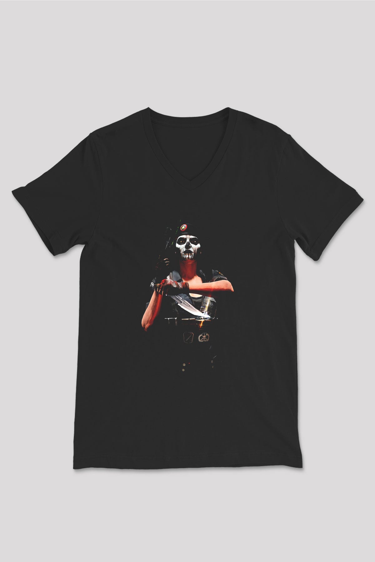 Caveira Baskılı Unisex Siyah V Yaka Tişört - Tshirt