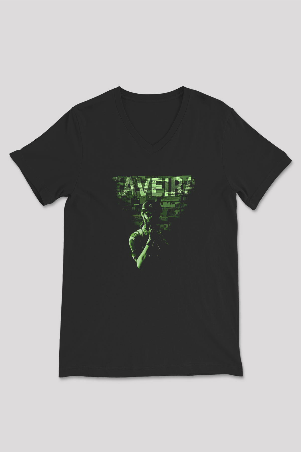 Caveira Baskılı Unisex Siyah V Yaka Tişört - Tshirt