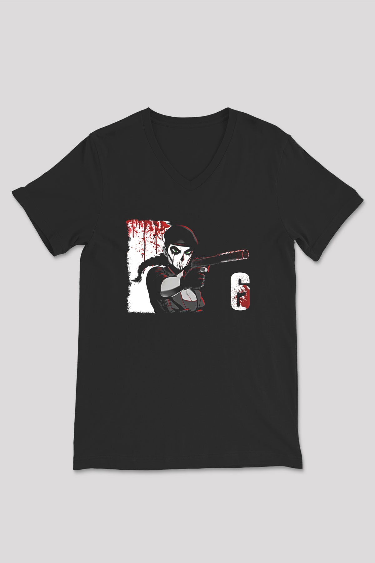 Caveira Baskılı Unisex Siyah V Yaka Tişört - Tshirt