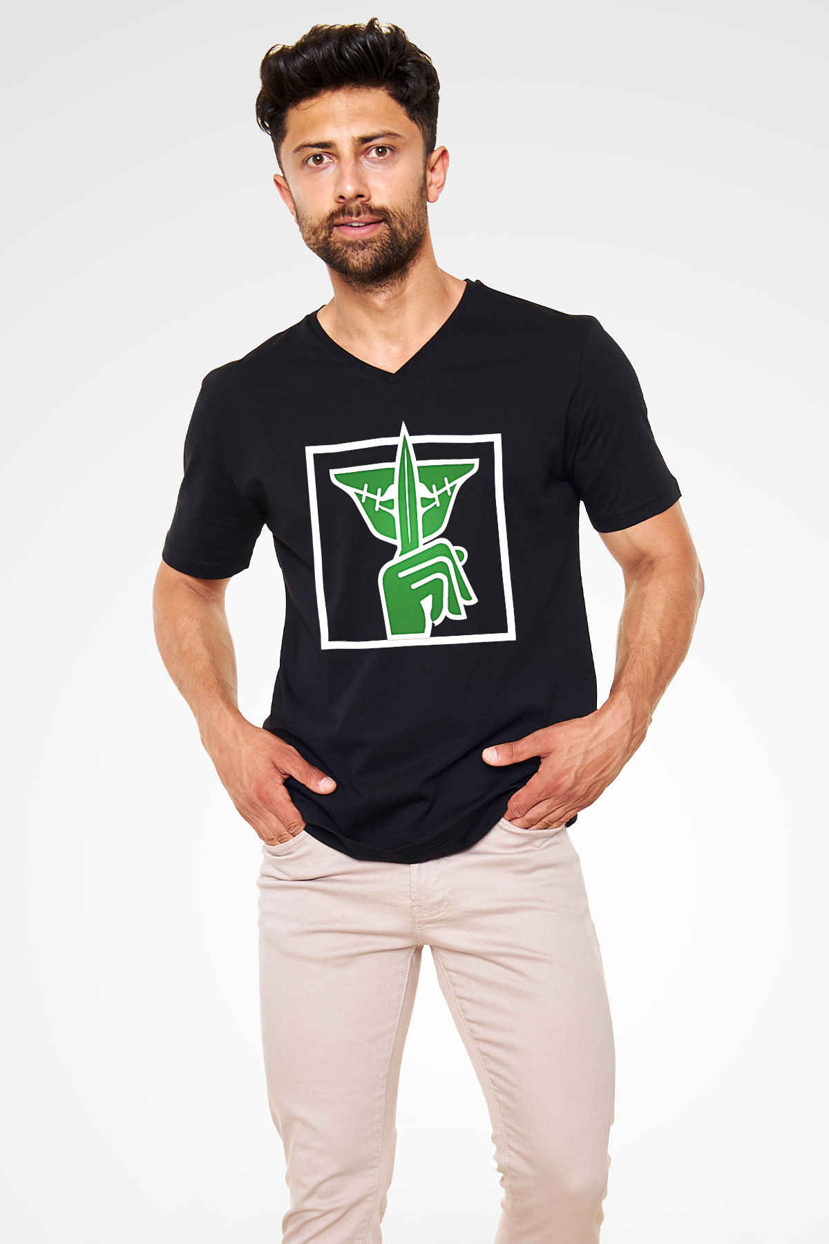 Caveira Baskılı Unisex Siyah V Yaka Tişört - Tshirt