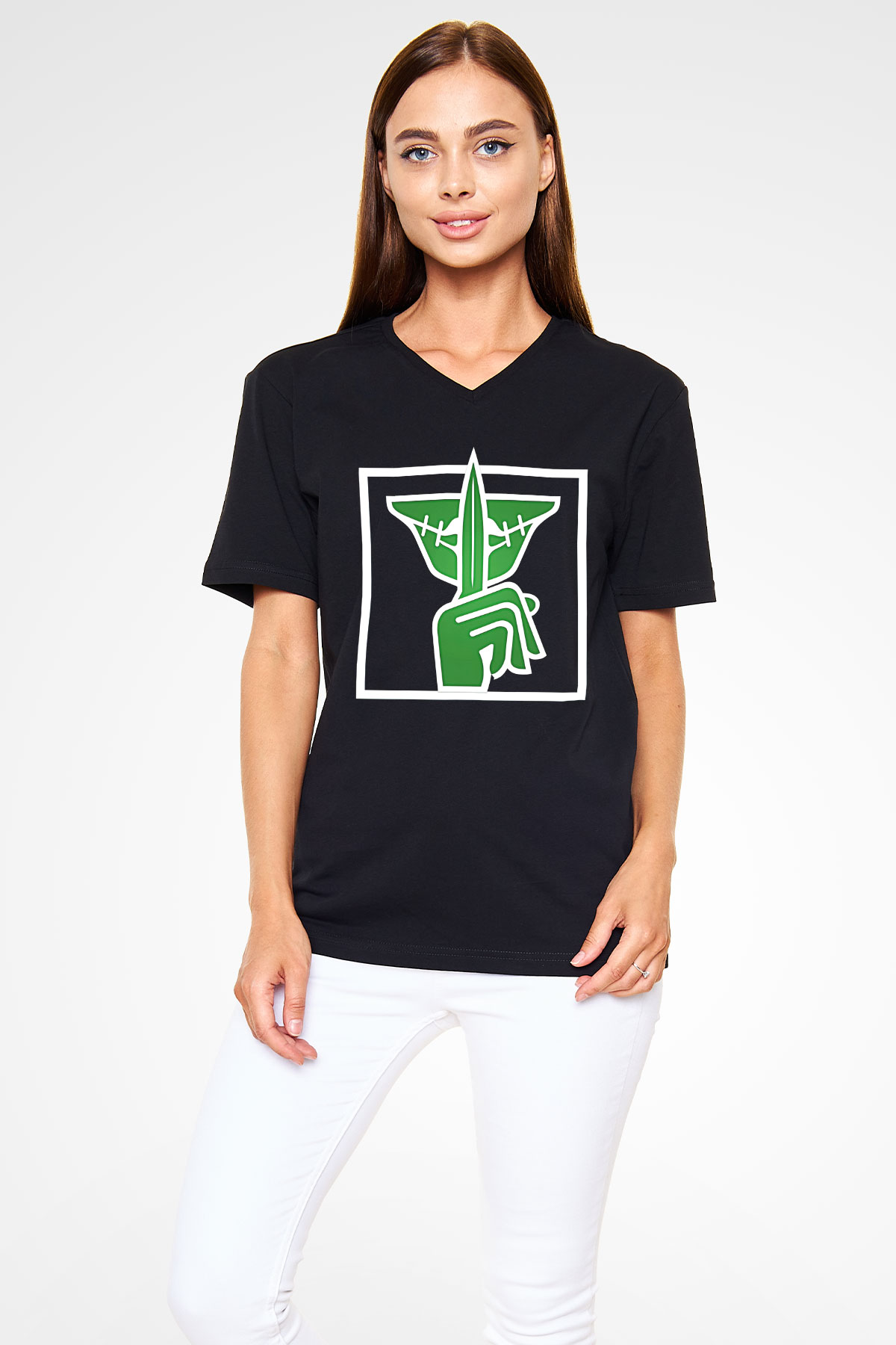 Caveira Baskılı Unisex Siyah V Yaka Tişört - Tshirt