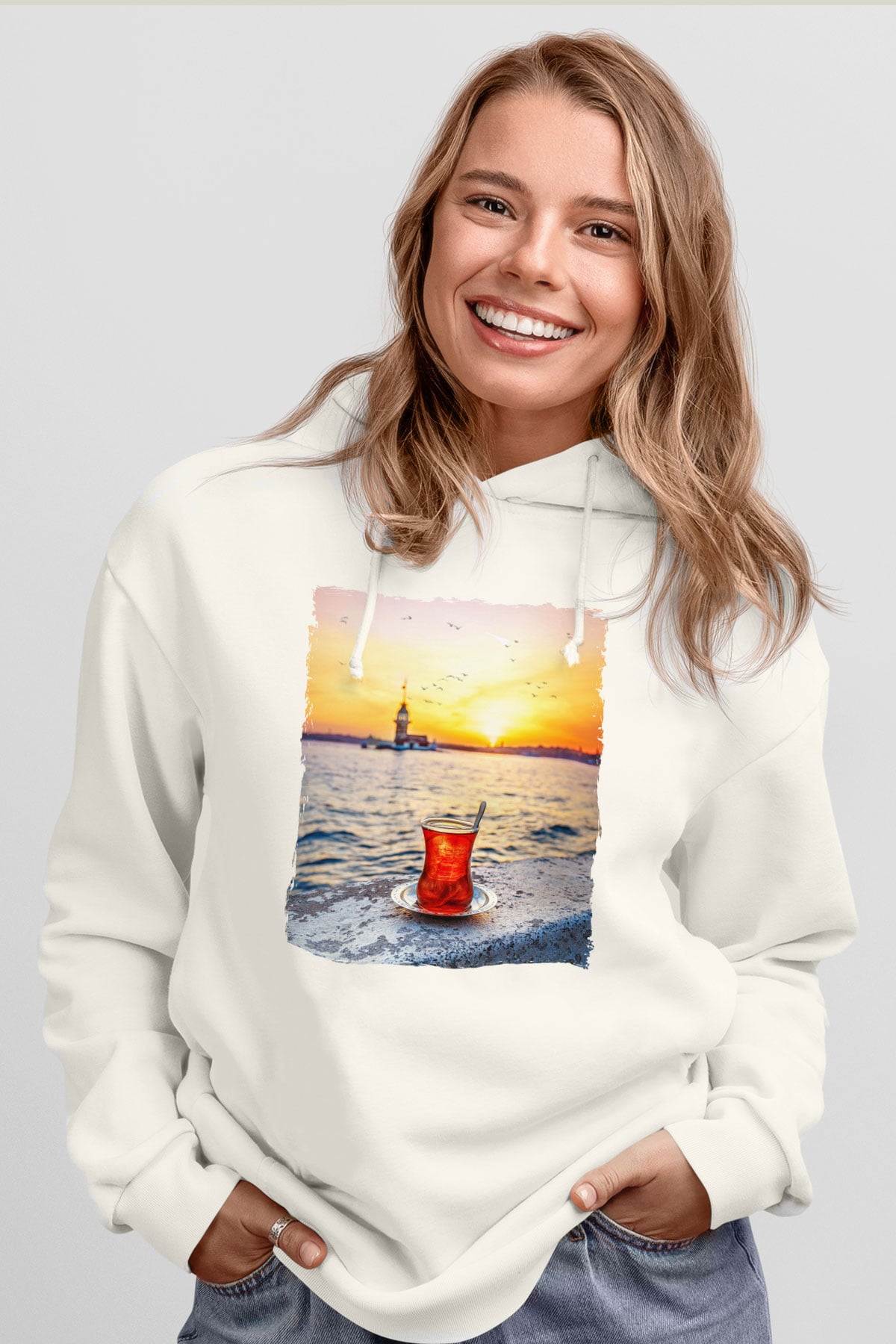 Çaycı Beyaz Unisex Kapüşonlu Sweatshirt