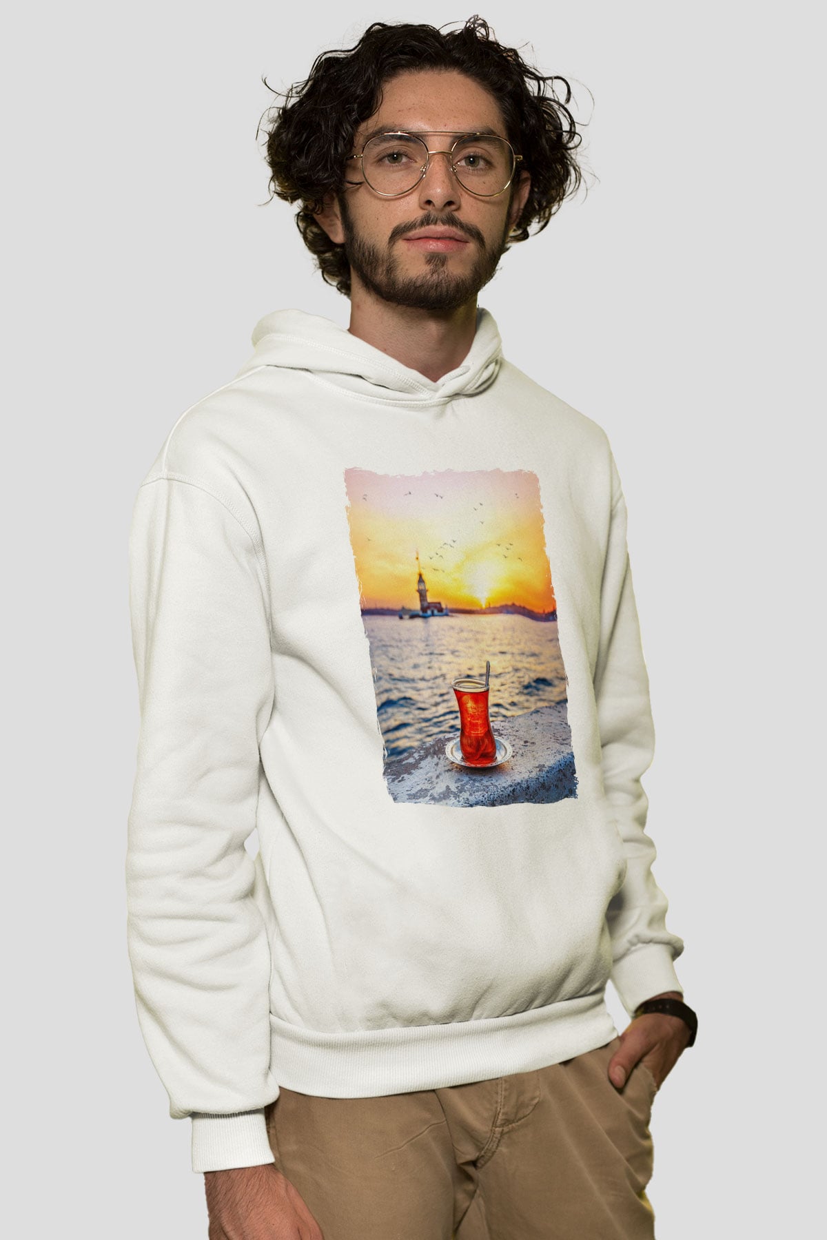 Çaycı Beyaz Unisex Kapüşonlu Sweatshirt