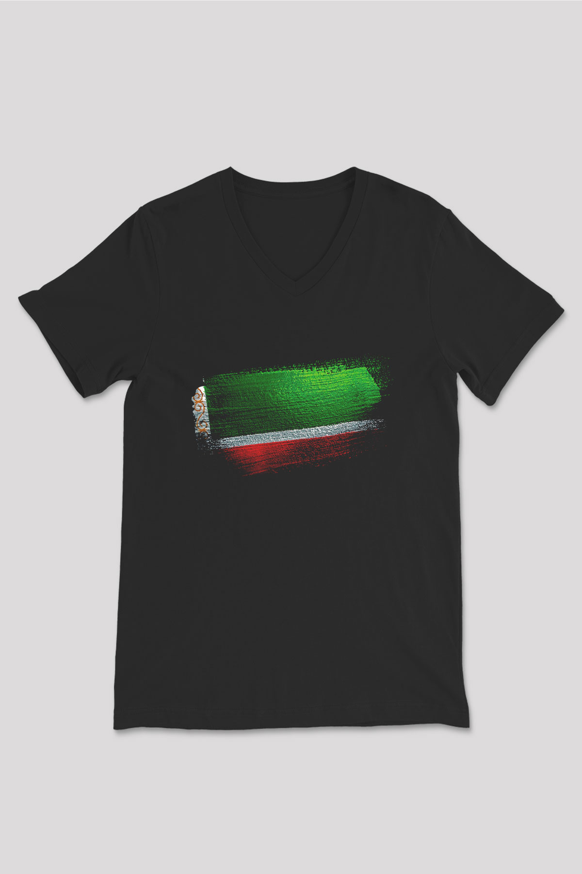 Çeçenistan - Chechnya - Chechen Republic Bayrağı Baskılı Unisex Siyah V Yaka Tişört