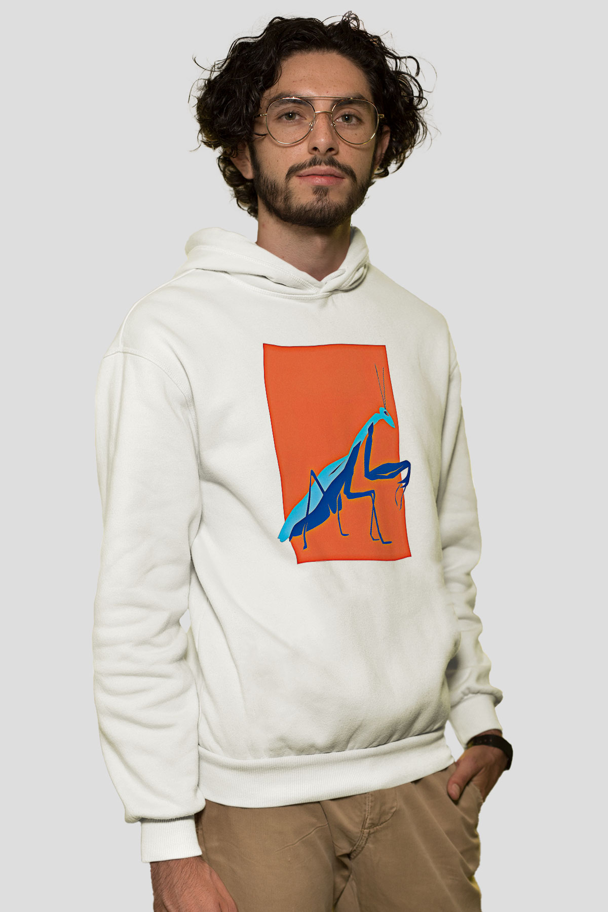 Çekirge Baskılı Beyaz Unisex Hoodie