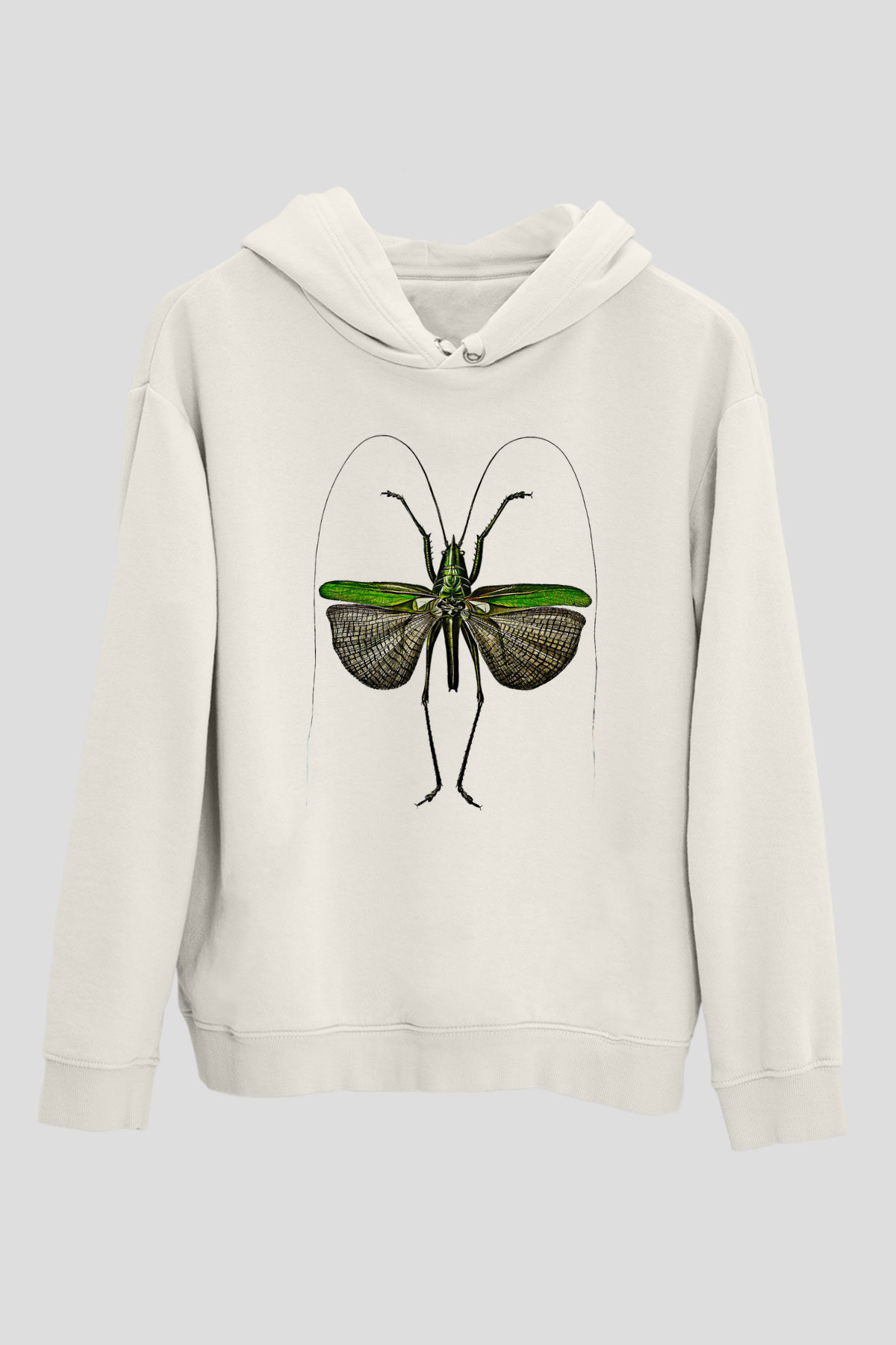 Çekirge Baskılı Beyaz Unisex Hoodie