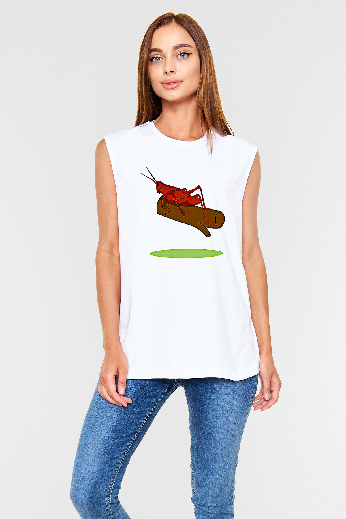 Çekirge Baskılı Beyaz Unisex Kolsuz Tişört - Tshirt