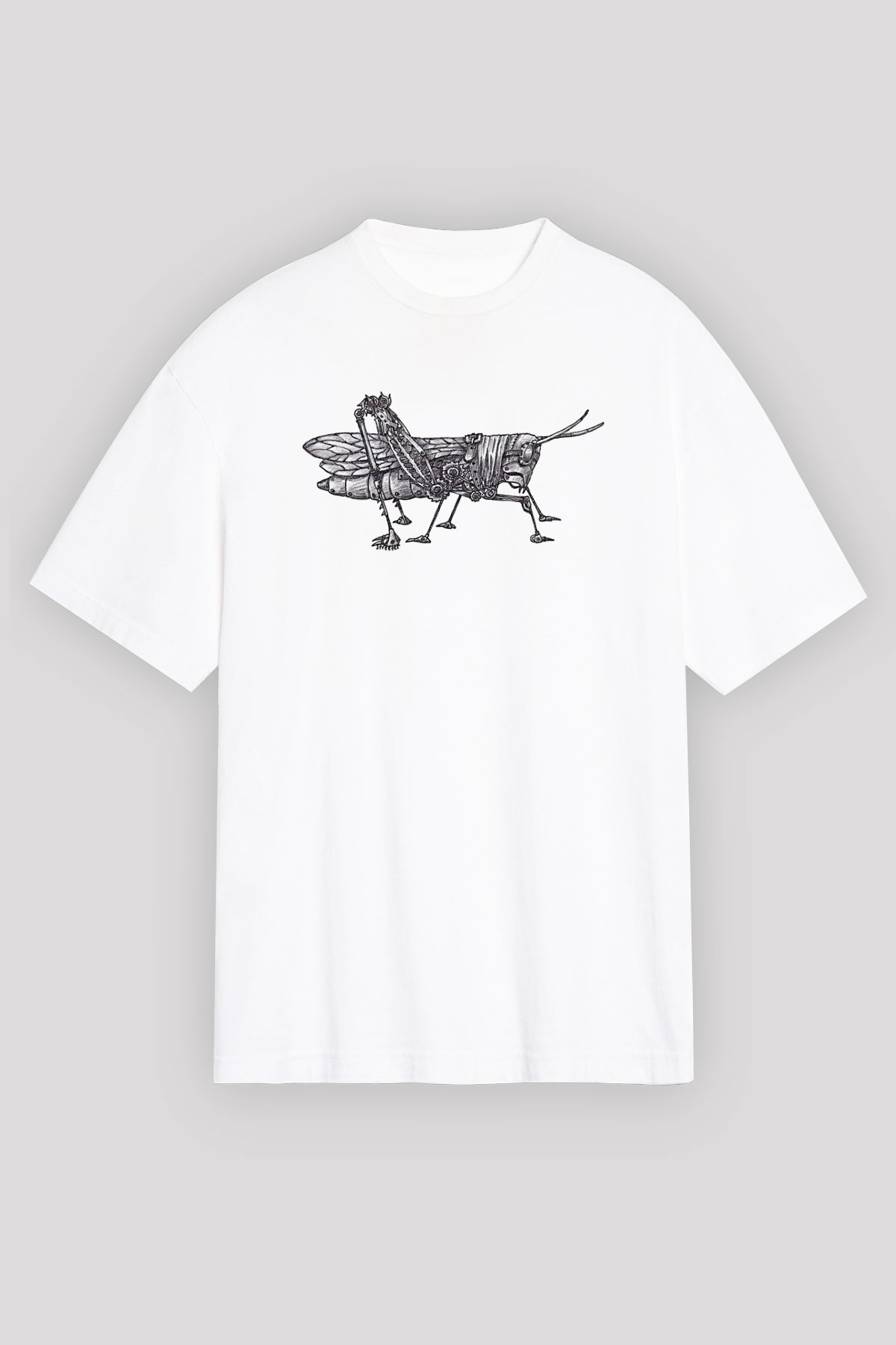 Çekirge Baskılı Beyaz Unisex Oversize Tişört - Tshirt