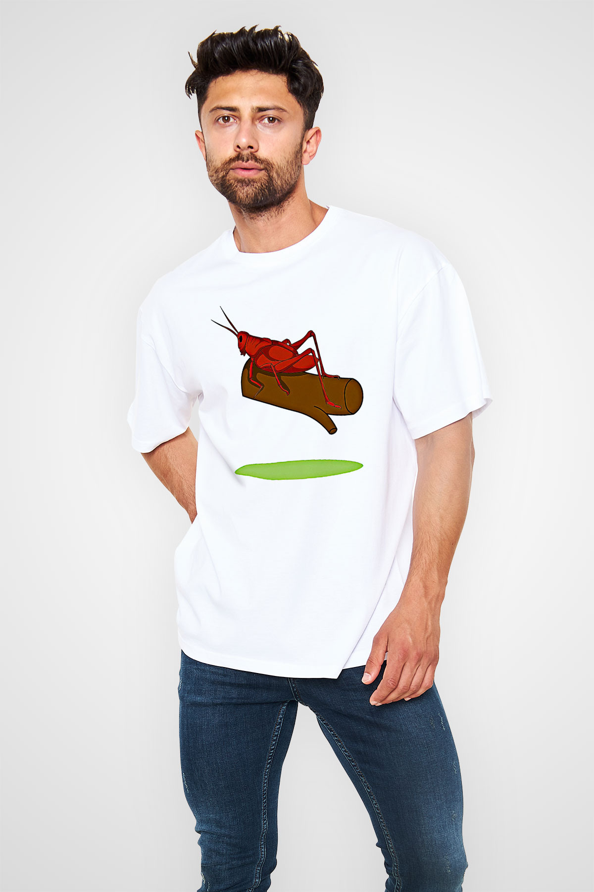 Çekirge Baskılı Beyaz Unisex Oversize Tişört - Tshirt