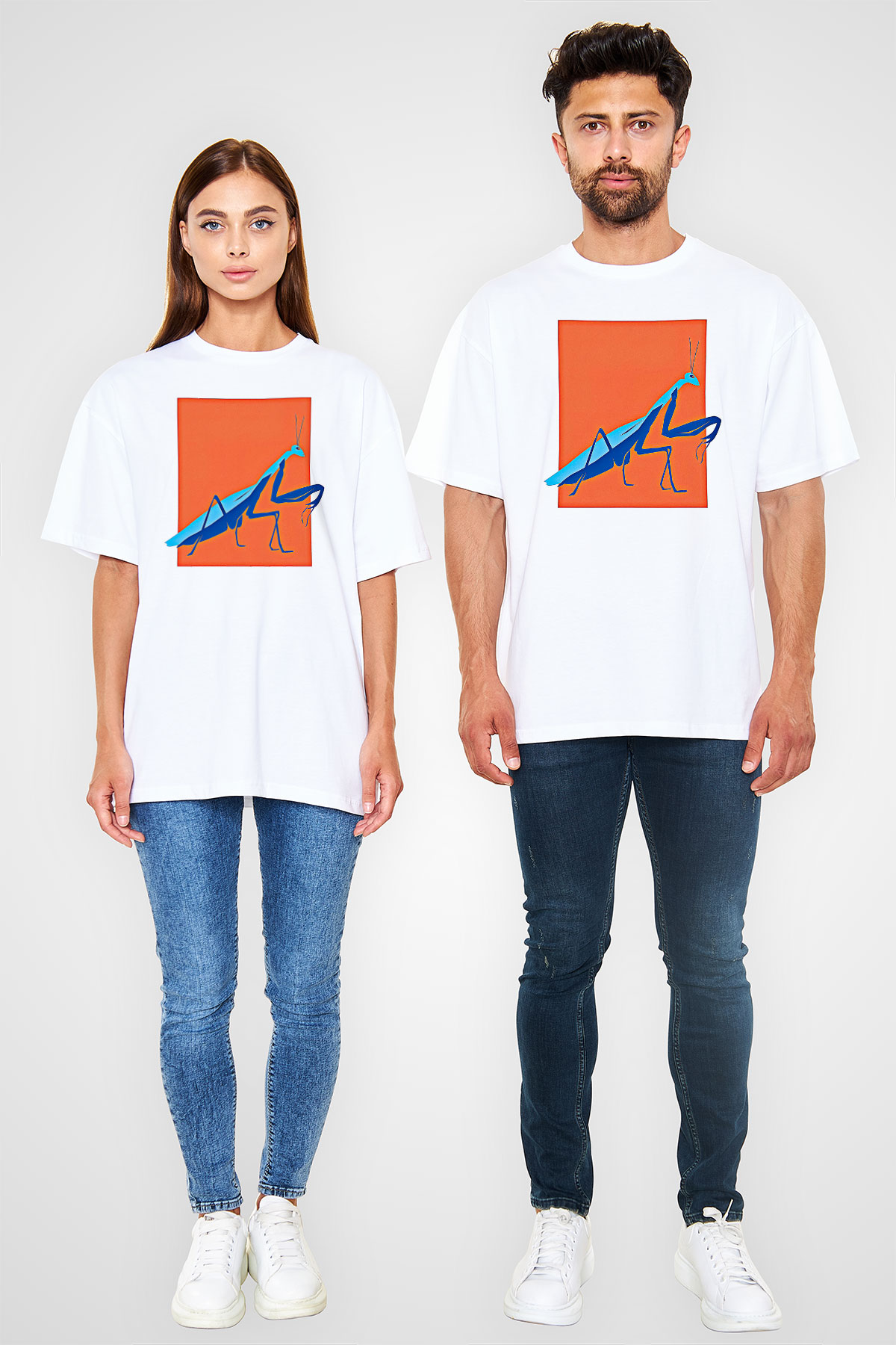 Çekirge Baskılı Beyaz Unisex Oversize Tişört - Tshirt