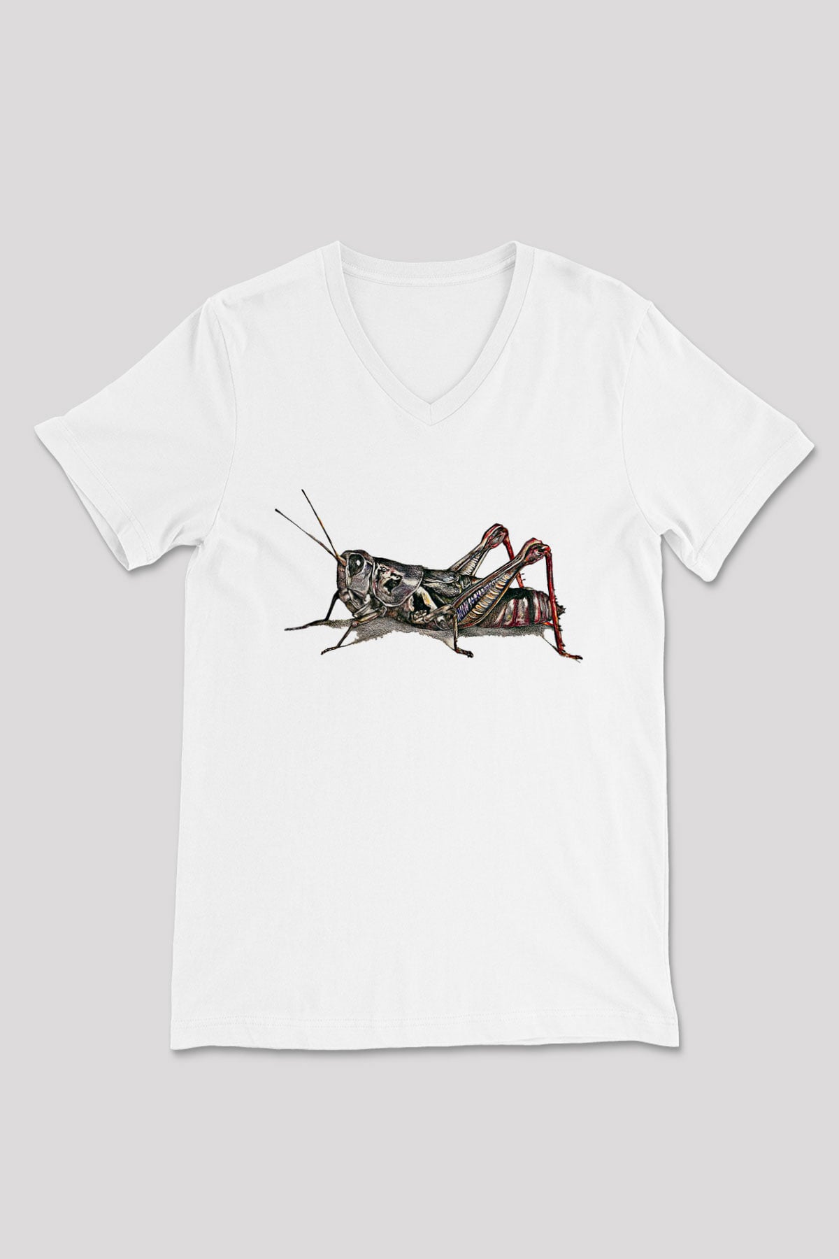 Çekirge Baskılı Beyaz Unisex V Yaka Tişört - Tshirt