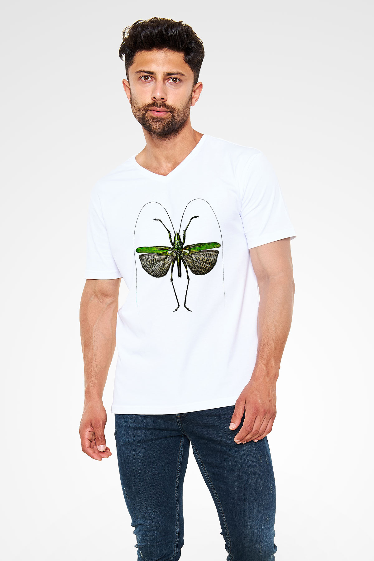 Çekirge Baskılı Beyaz Unisex V Yaka Tişört - Tshirt