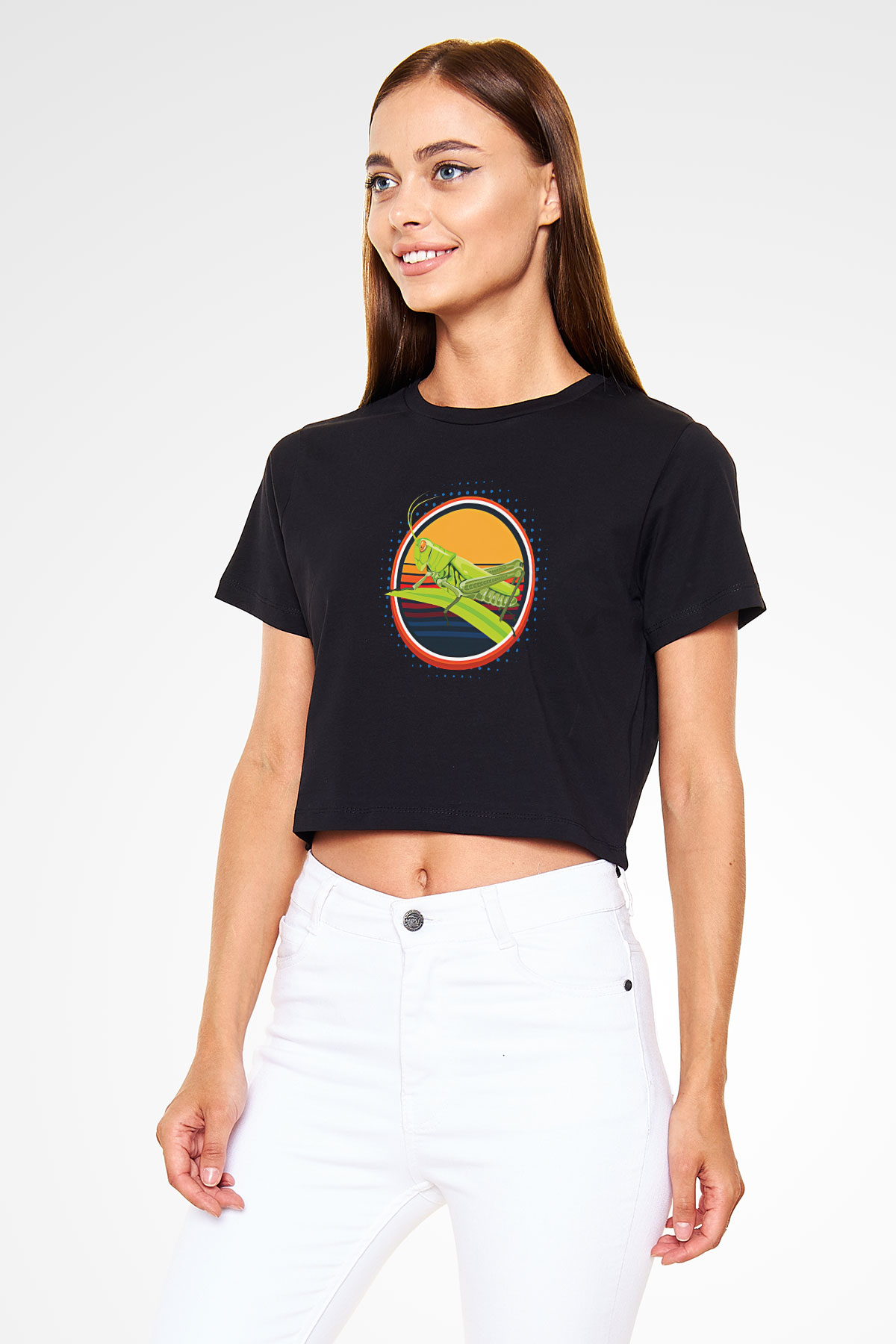 Çekirge Baskılı Siyah Crop Top Kadın Tişört - Tshirt